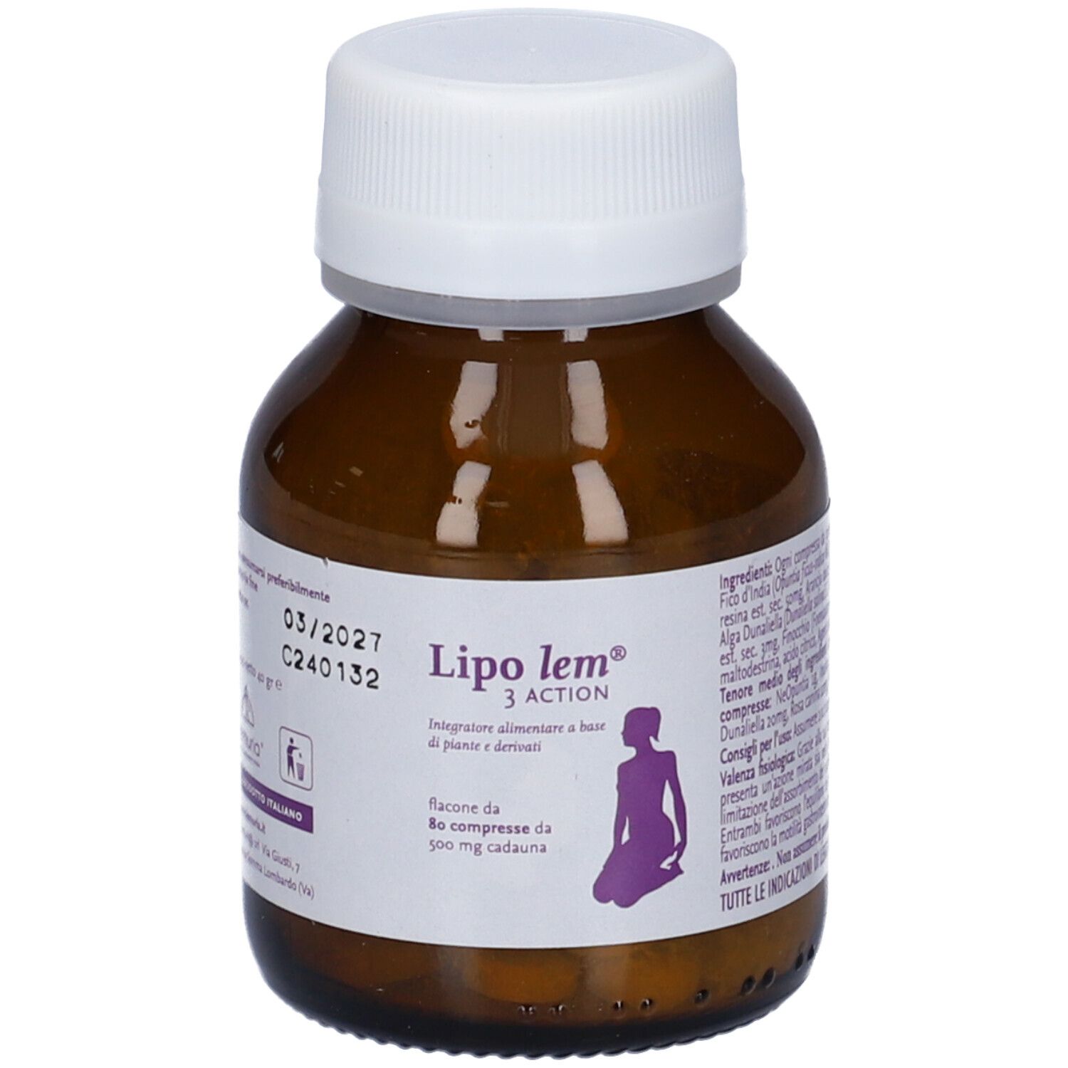 Flacone di vetro marrone con tappo bianco. Scritta: Lipo lem 3 Action. Contiene 80 compresse. Etichetta con silhouette femminile.