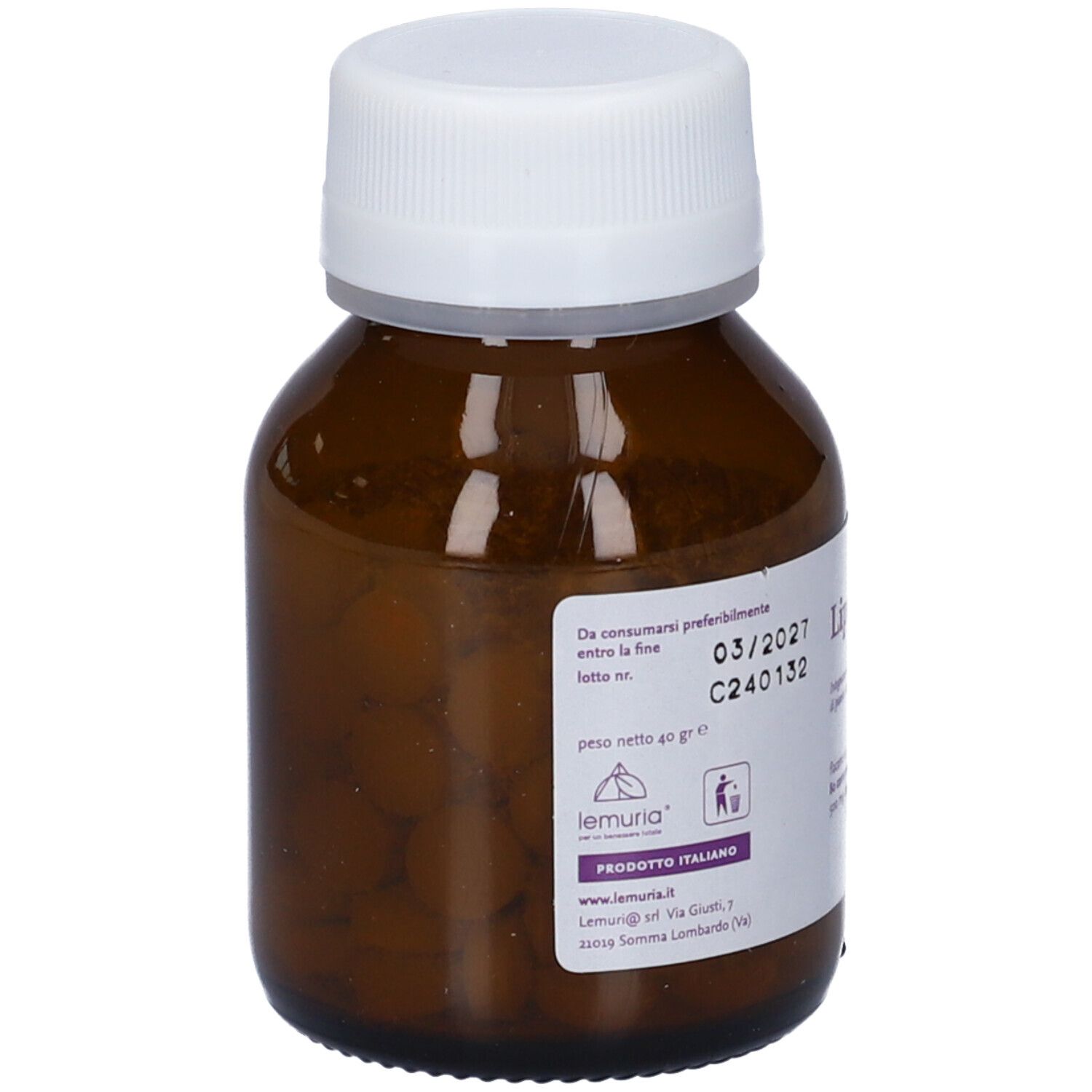 Flacone di vetro marrone con tappo bianco. Etichetta con informazioni sul prodotto. Contiene compresse. Scritta: Lipo lem 3 Action.