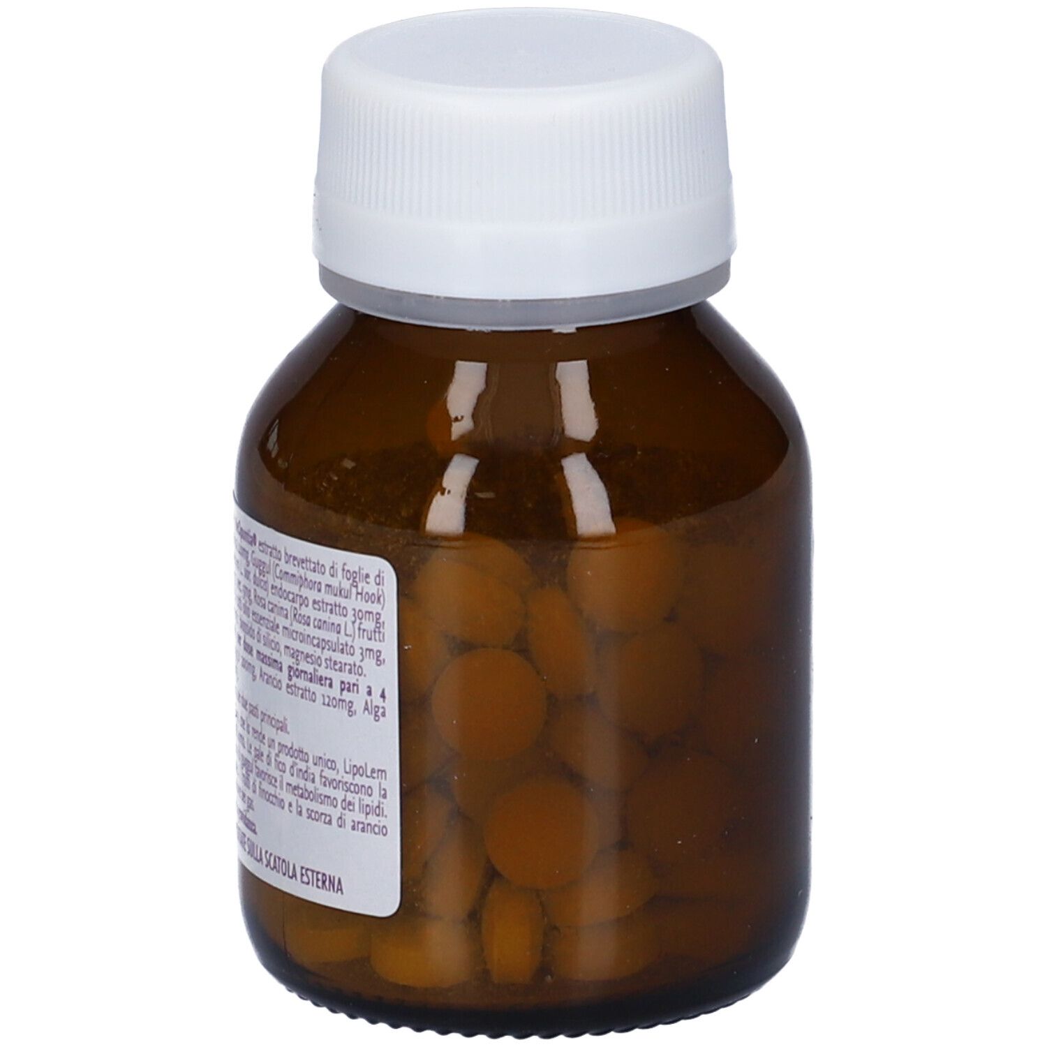Flacone di vetro marrone con tappo bianco. Contiene compresse. Etichetta con informazioni sul prodotto. Scritta: Lipo lem 3 Action.