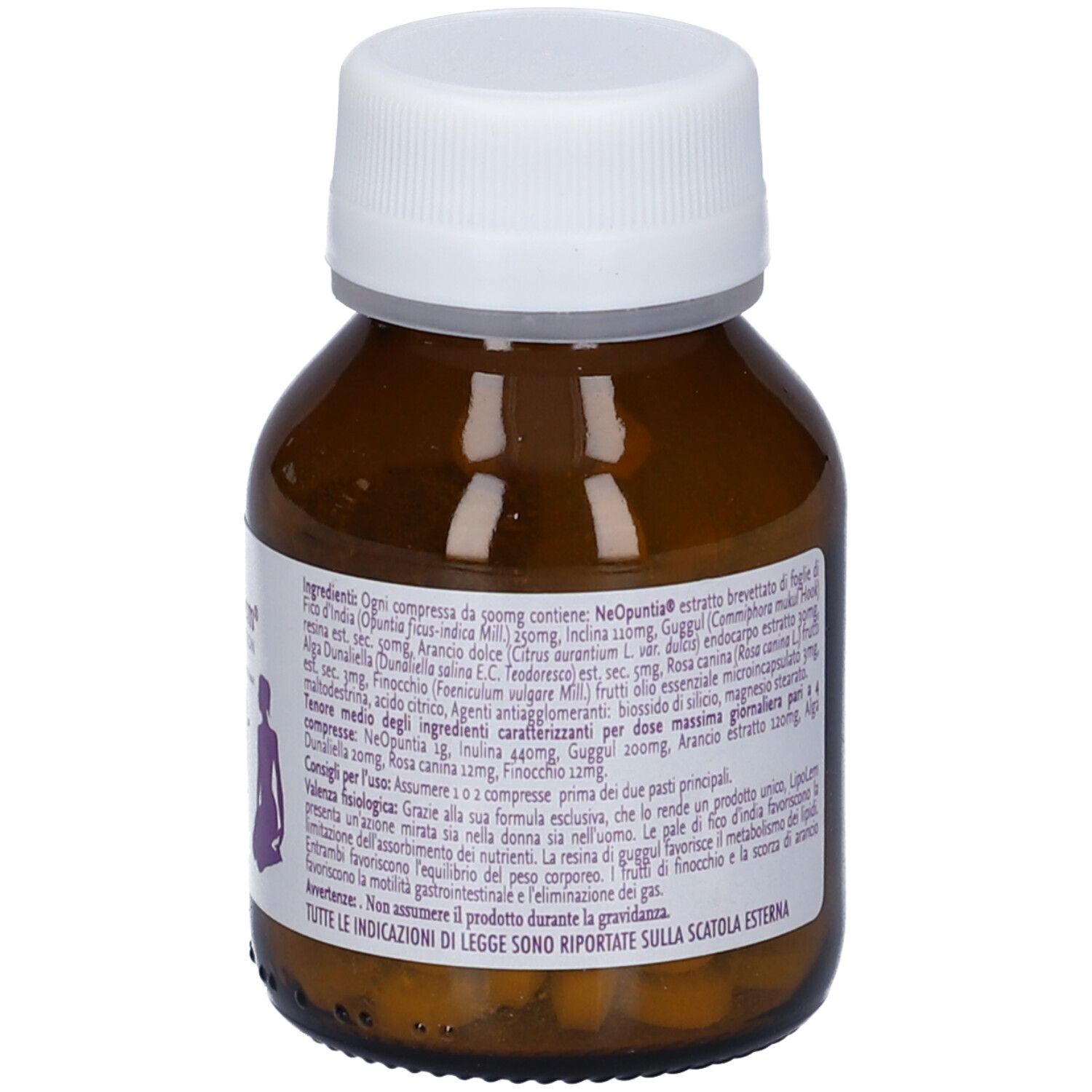 Flacone di vetro marrone con tappo bianco. Etichetta con informazioni sul prodotto. Contiene compresse. Scritta: Lipo lem 3 Action.