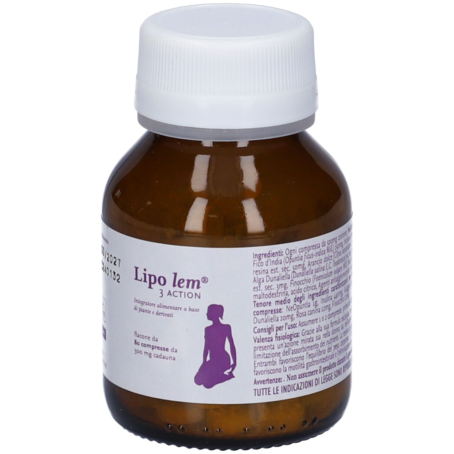Flacone di vetro marrone con tappo bianco. Etichetta con informazioni sul prodotto. Contiene compresse. Scritta: Lipo lem 3 Action.