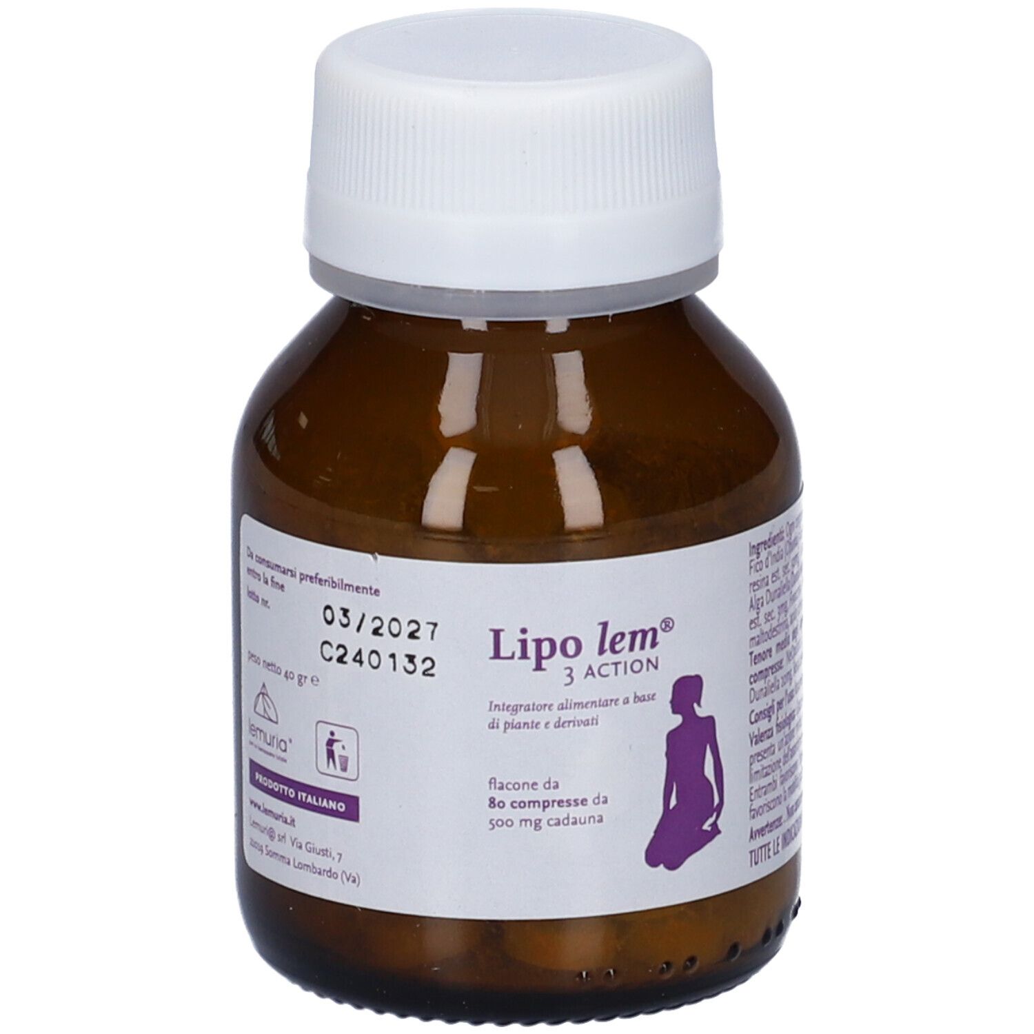 Flacone di vetro marrone con tappo bianco. Etichetta con informazioni sul prodotto. Contiene compresse. Scritta: Lipo lem 3 Action.