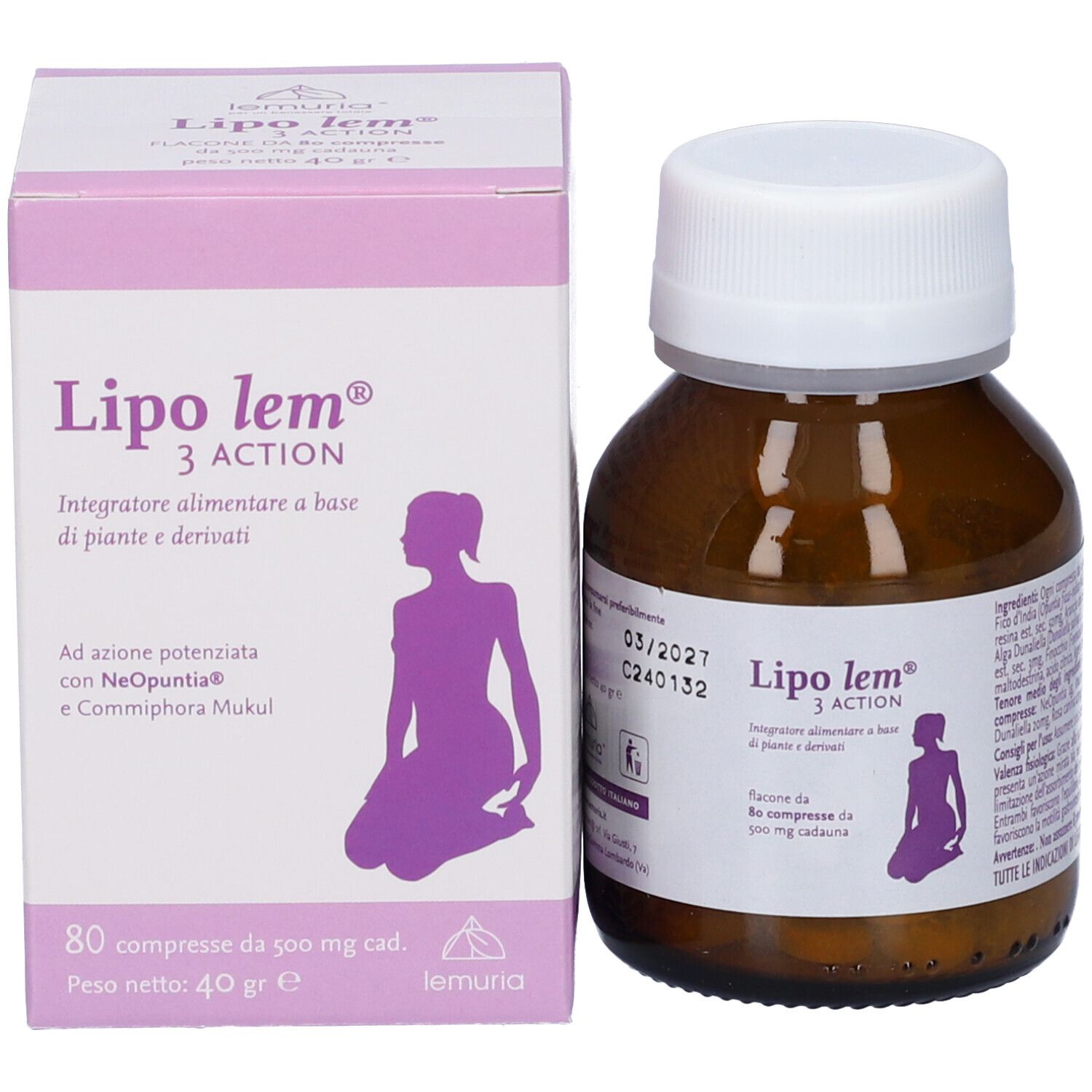 Confezione e flacone del prodotto. Scritta: Lipo lem 3 Action. Contiene 80 compresse. Flacone marrone con tappo bianco.