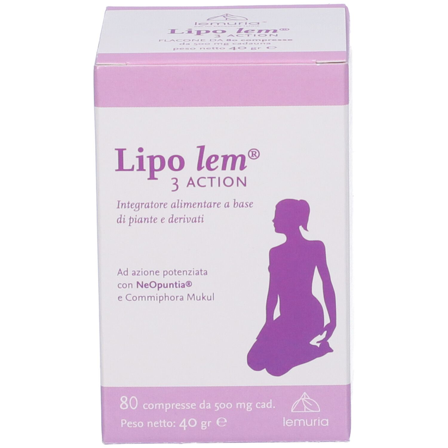 Confezione del prodotto. Scritta: Lipo lem 3 Action. Contiene 80 compresse. Silhouette viola di una donna.
