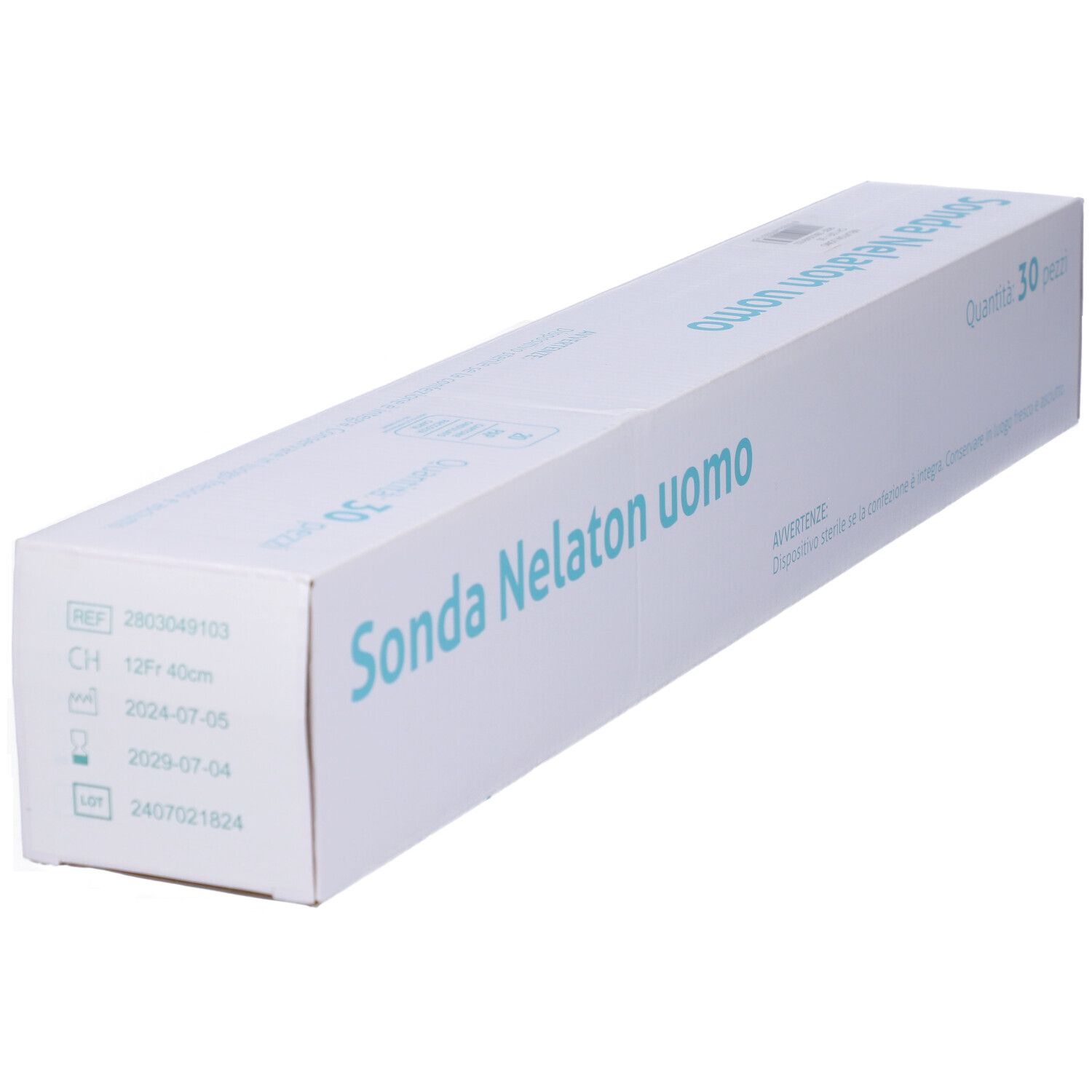 Scatola con testo 'Sonda Nelaton uomo' e '30 pezzi'. Dettagli e codici.