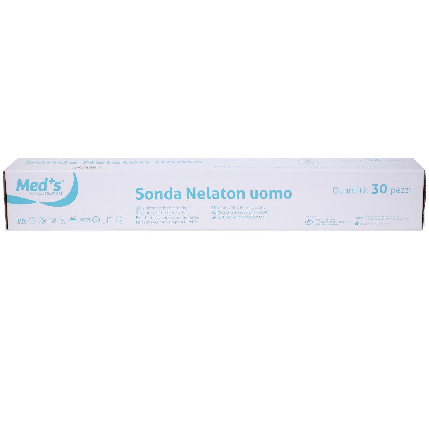 Scatola con testo 'Sonda Nelaton uomo' e '30 pezzi'. Marchio Med's.