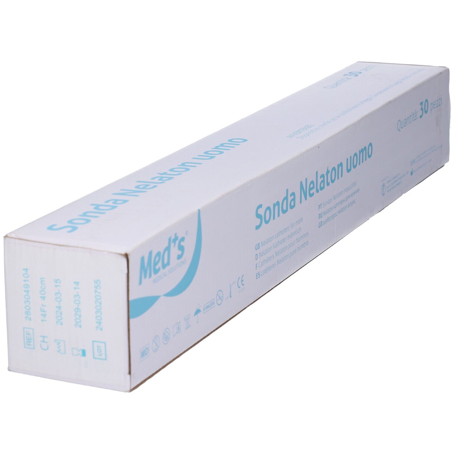 Scatola inclinata con testo: Sonda Nelaton uomo, 30 pezzi. Marchio: Med's. Scritta in italiano.