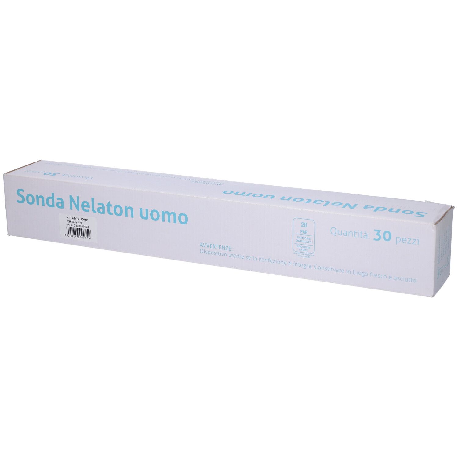 Confezione con testo: Sonda Nelaton uomo, 30 pezzi. Marchio: Med's. Scritta in italiano.