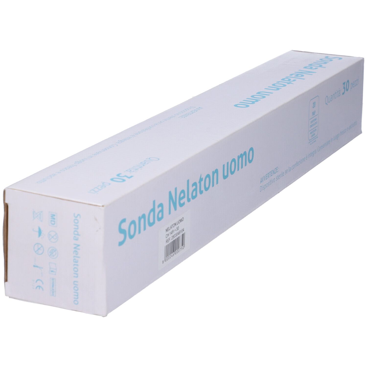 Scatola inclinata con testo: Sonda Nelaton uomo, 30 pezzi. Marchio: Med's. Scritta in italiano.