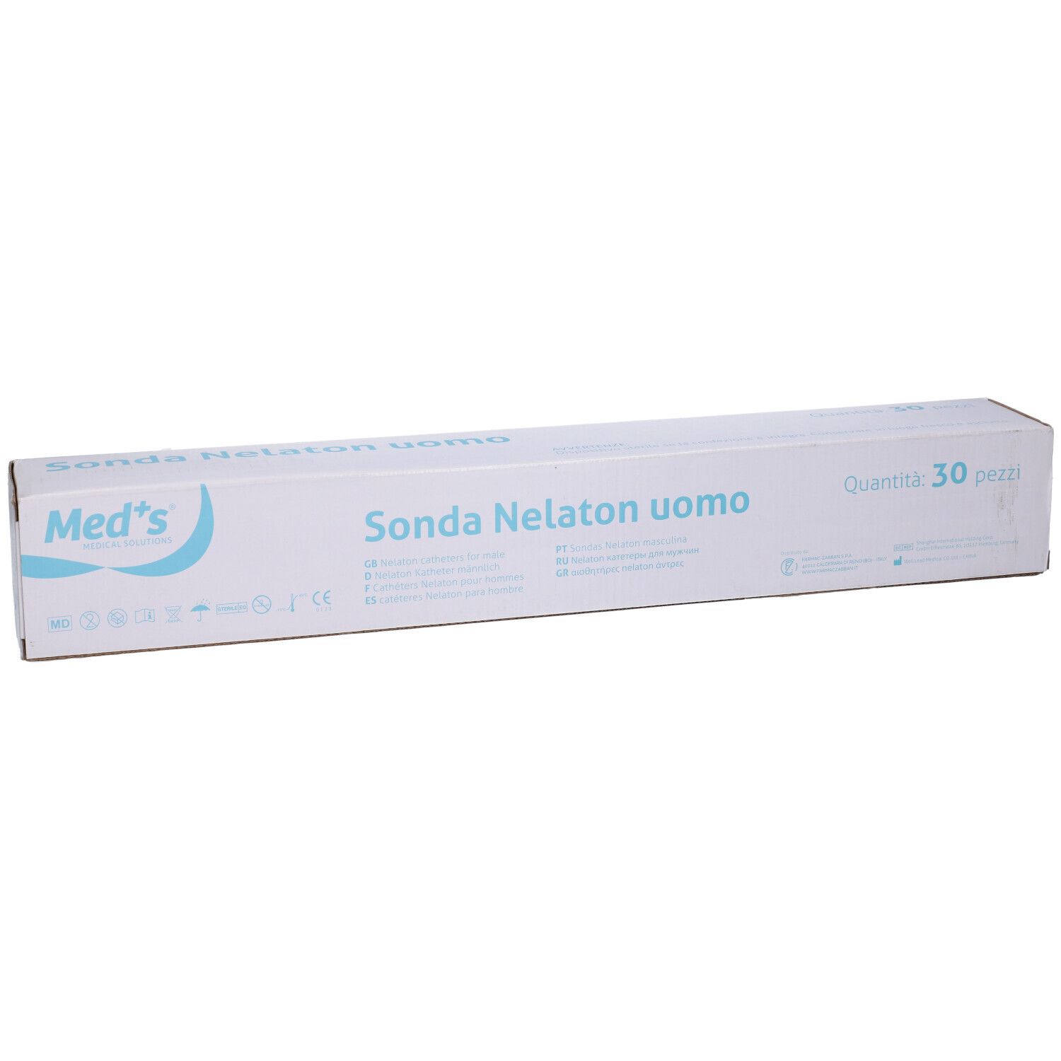 Confezione con testo: Sonda Nelaton uomo, 30 pezzi. Marchio: Med's. Scritta in italiano.