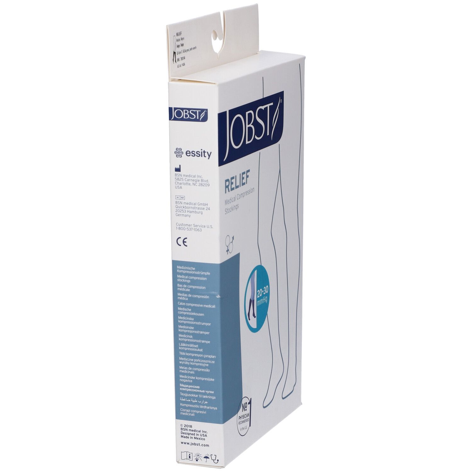 Confezione Jobst Relief, vista laterale. Scritte: Jobst, Relief, calze a compressione medicale, 20-30 mmHg. Con marchio CE.