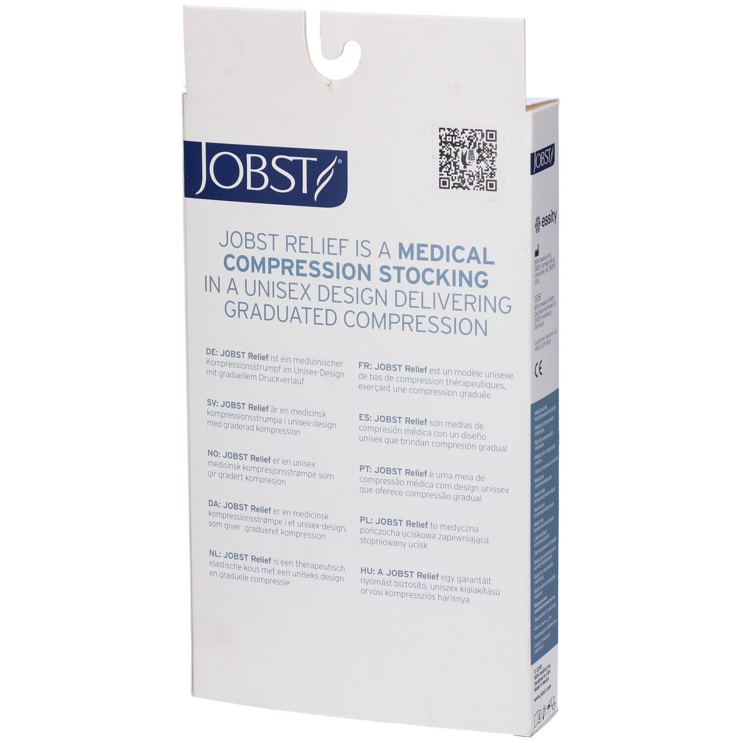 Retro della confezione Jobst Relief. Testo: Jobst Relief è una calza a compressione medicale dal design unisex a compressione graduata.