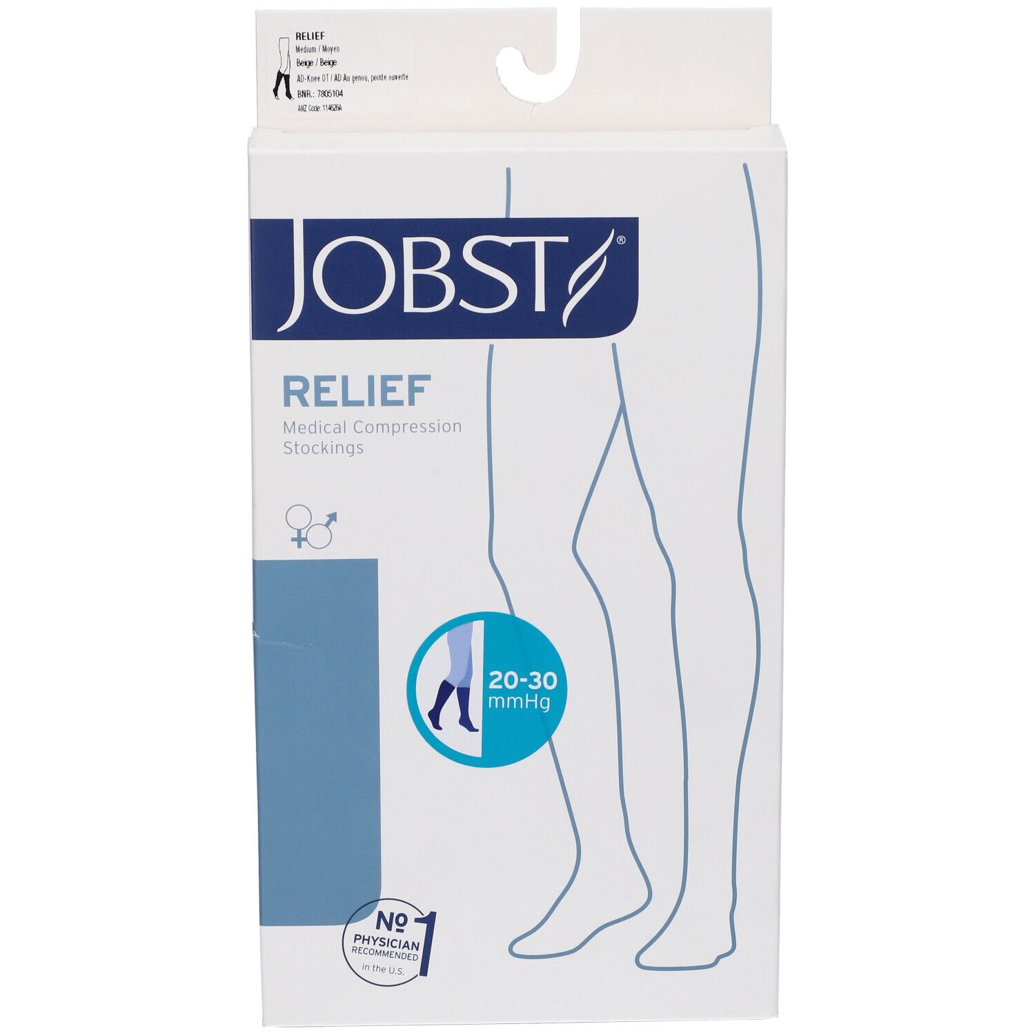 Jobst Relief calze a compressione medicale, 20-30 mmHg, in confezione. Beige, taglia M. Scritte: Jobst, Relief, calze a compressione medicale.