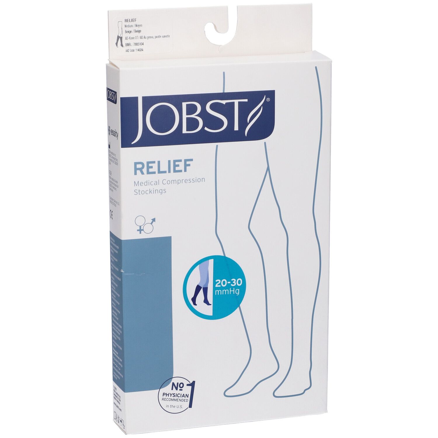 Jobst Relief calze a compressione medicale, 20-30 mmHg, in confezione. Beige, taglia M. Scritte: Jobst, Relief, calze a compressione medicale.
