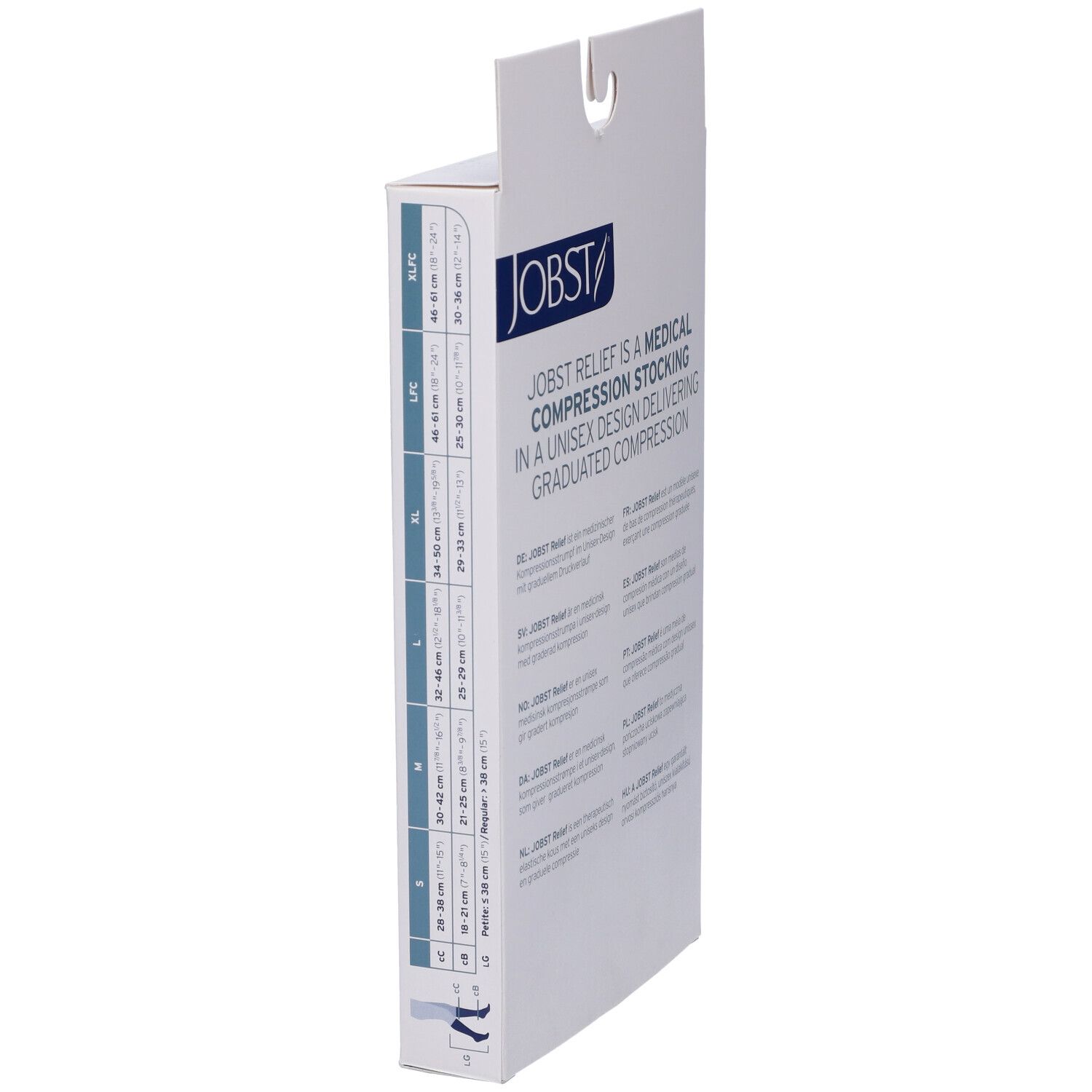 Lato confezione JOBST Relief. Informazioni taglie e dettagli prodotto.