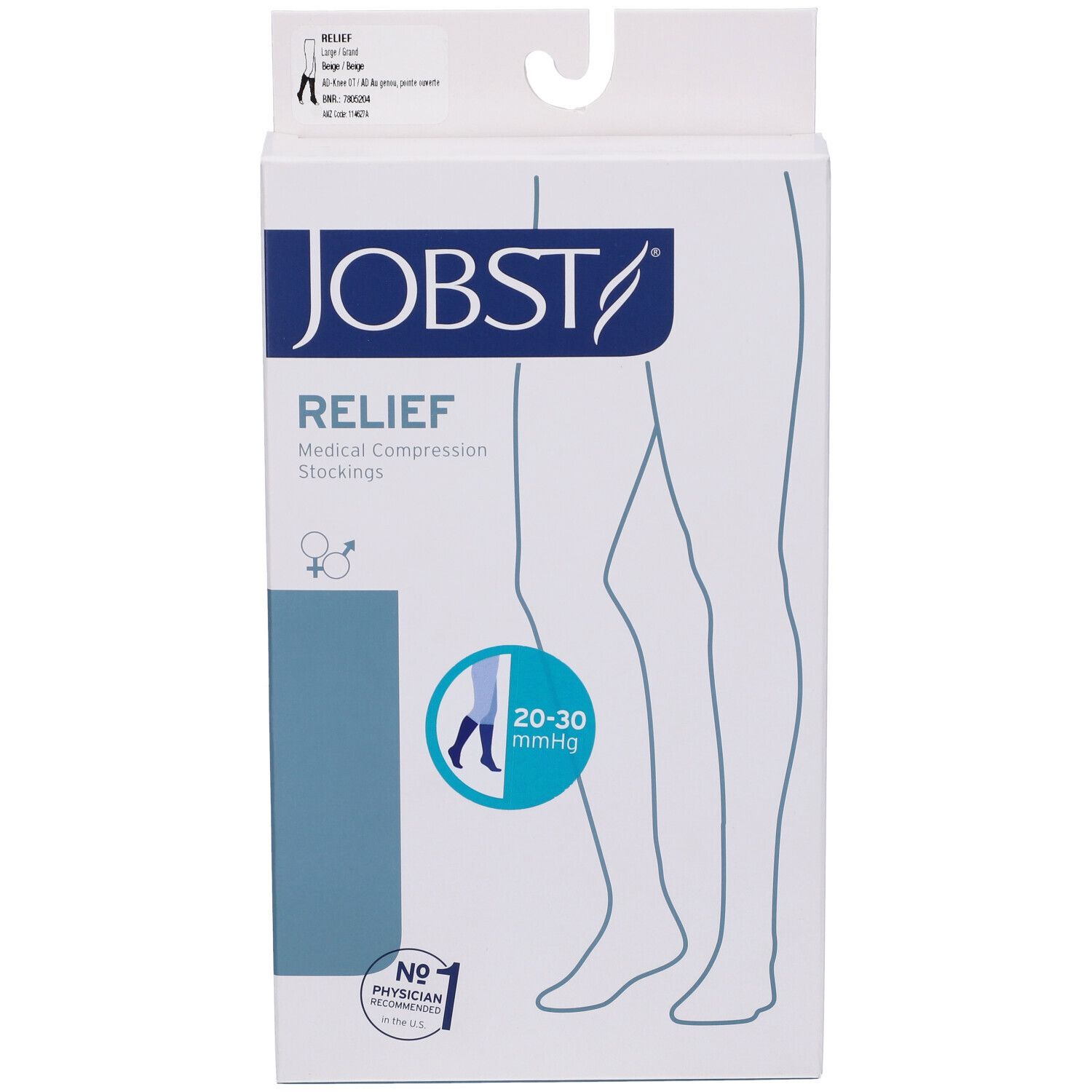 Confezione calze JOBST Relief. Vista frontale con immagine, logo e 20-30 mmHg.