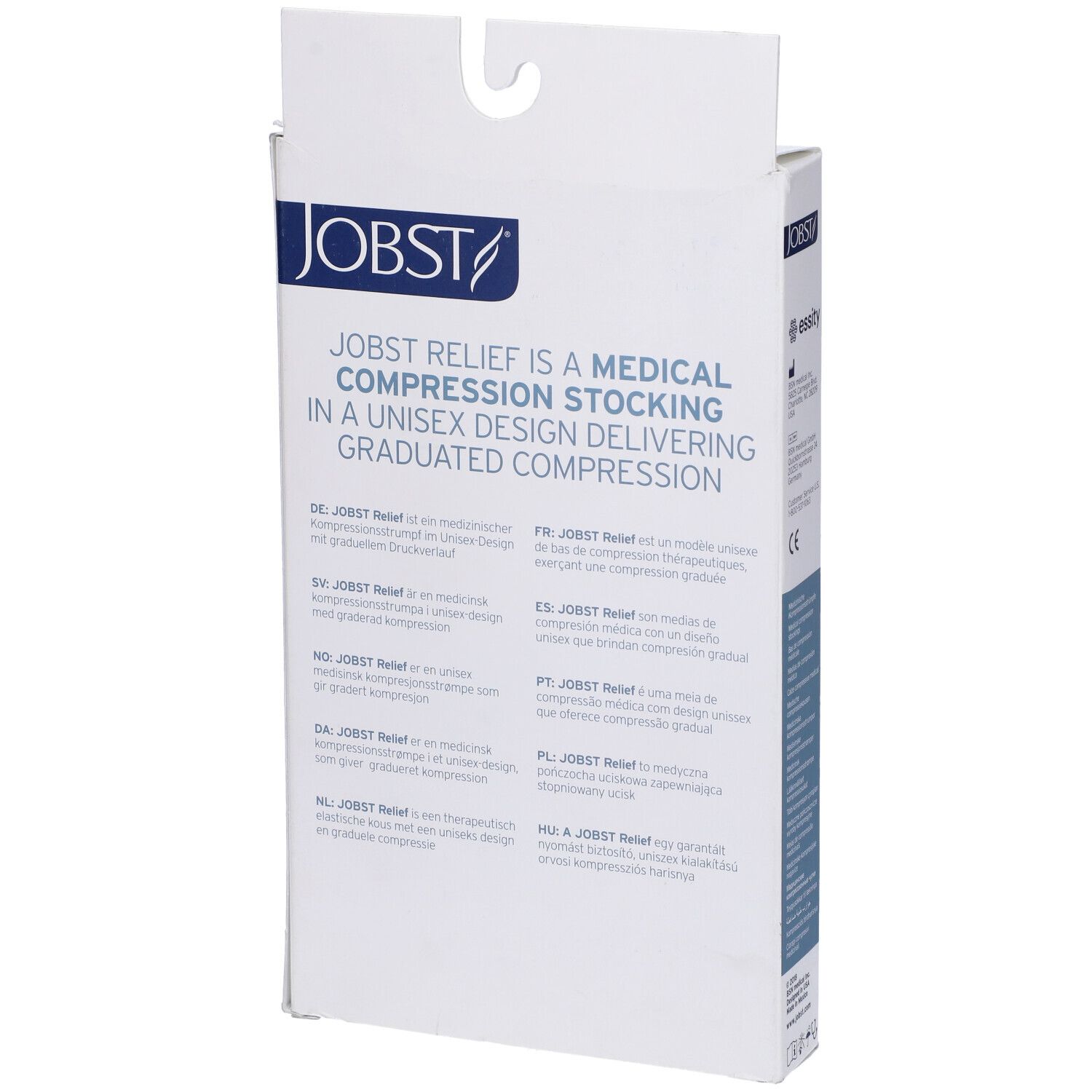 Jobst Relief calze a compressione, confezione, retro. Testo multilingue, descrizione prodotto.