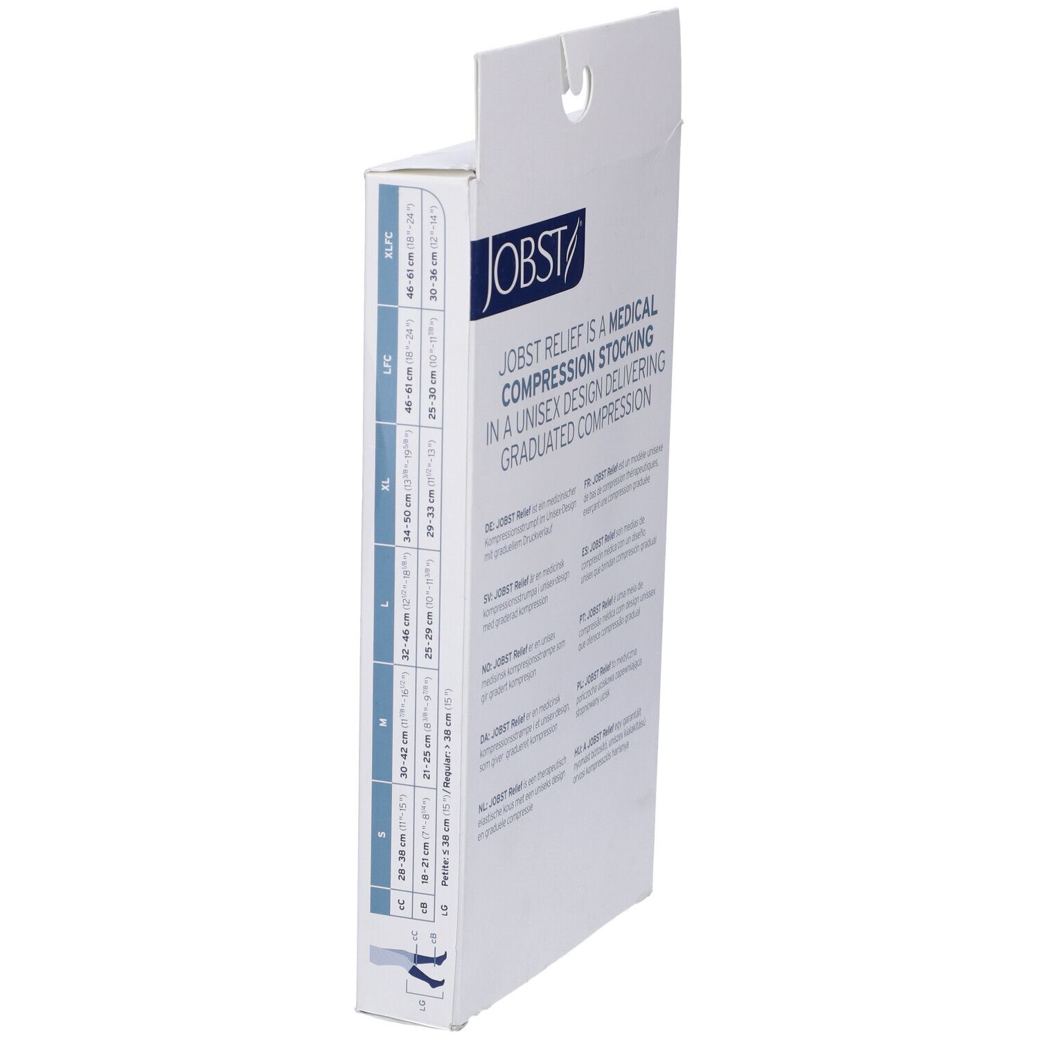 Jobst Relief calze a compressione, confezione, lato con tabella taglie. Taglie.