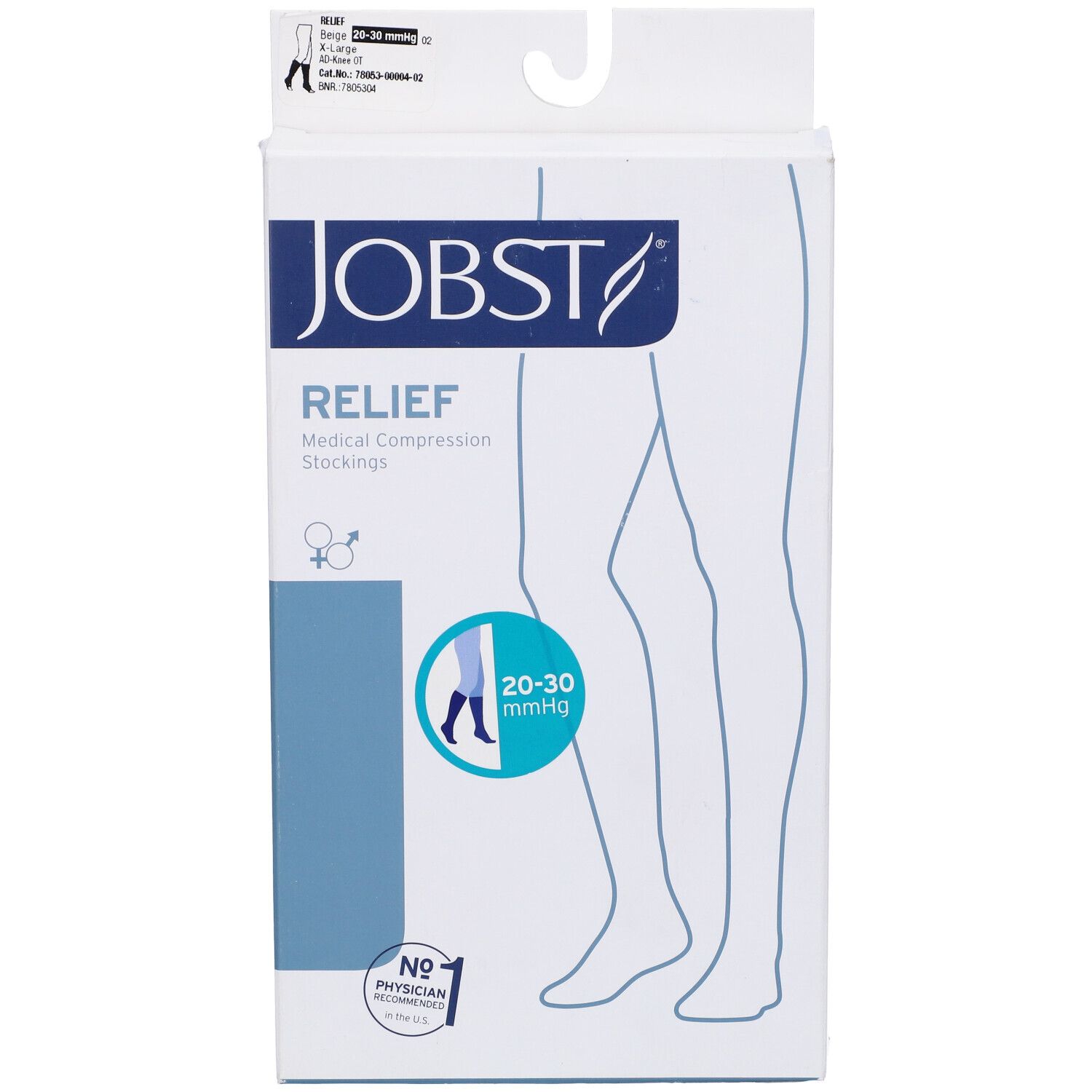 Jobst Relief calze a compressione medicale 20-30 mmHg, confezione. Logo, nome e indicazione medica.