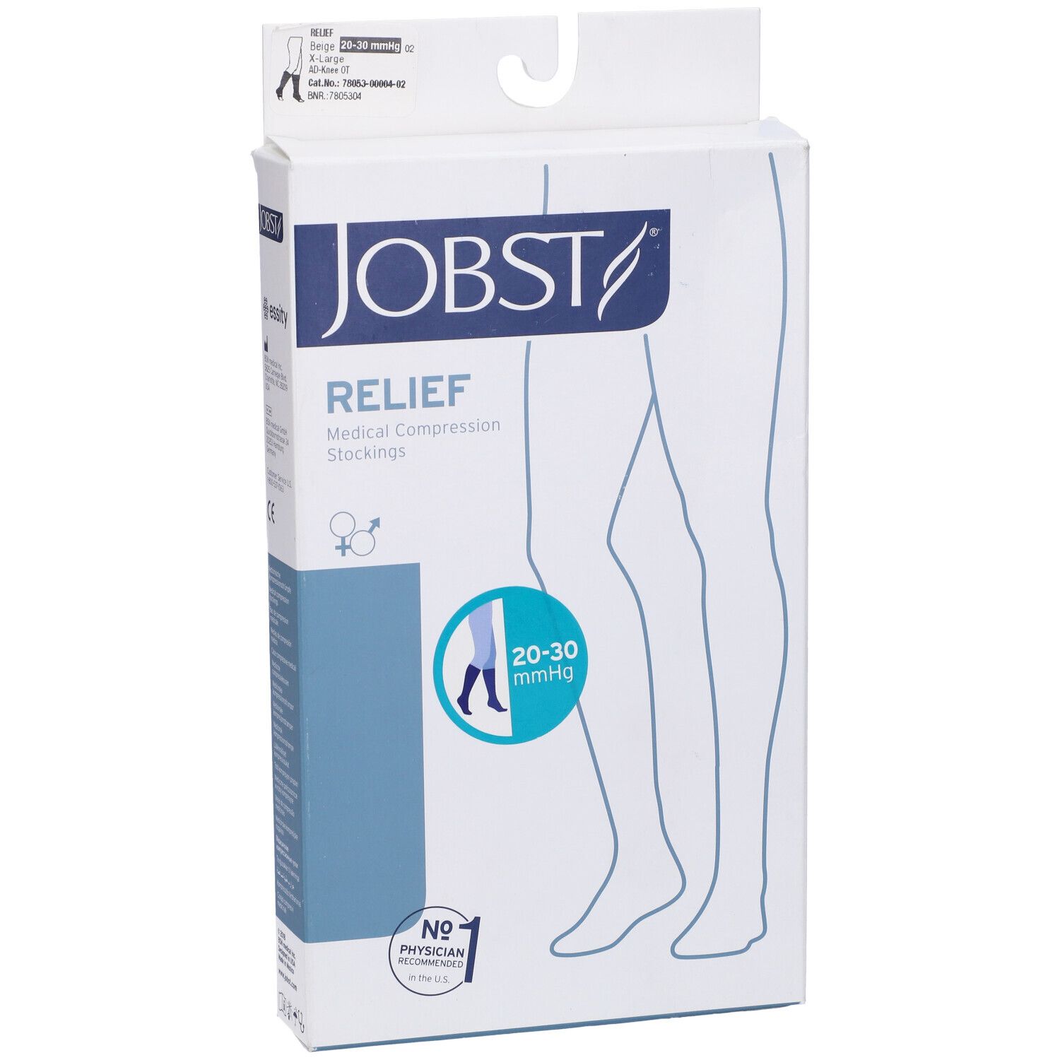Jobst Relief calze a compressione medicale 20-30 mmHg, confezione. Logo, nome e indicazione medica.