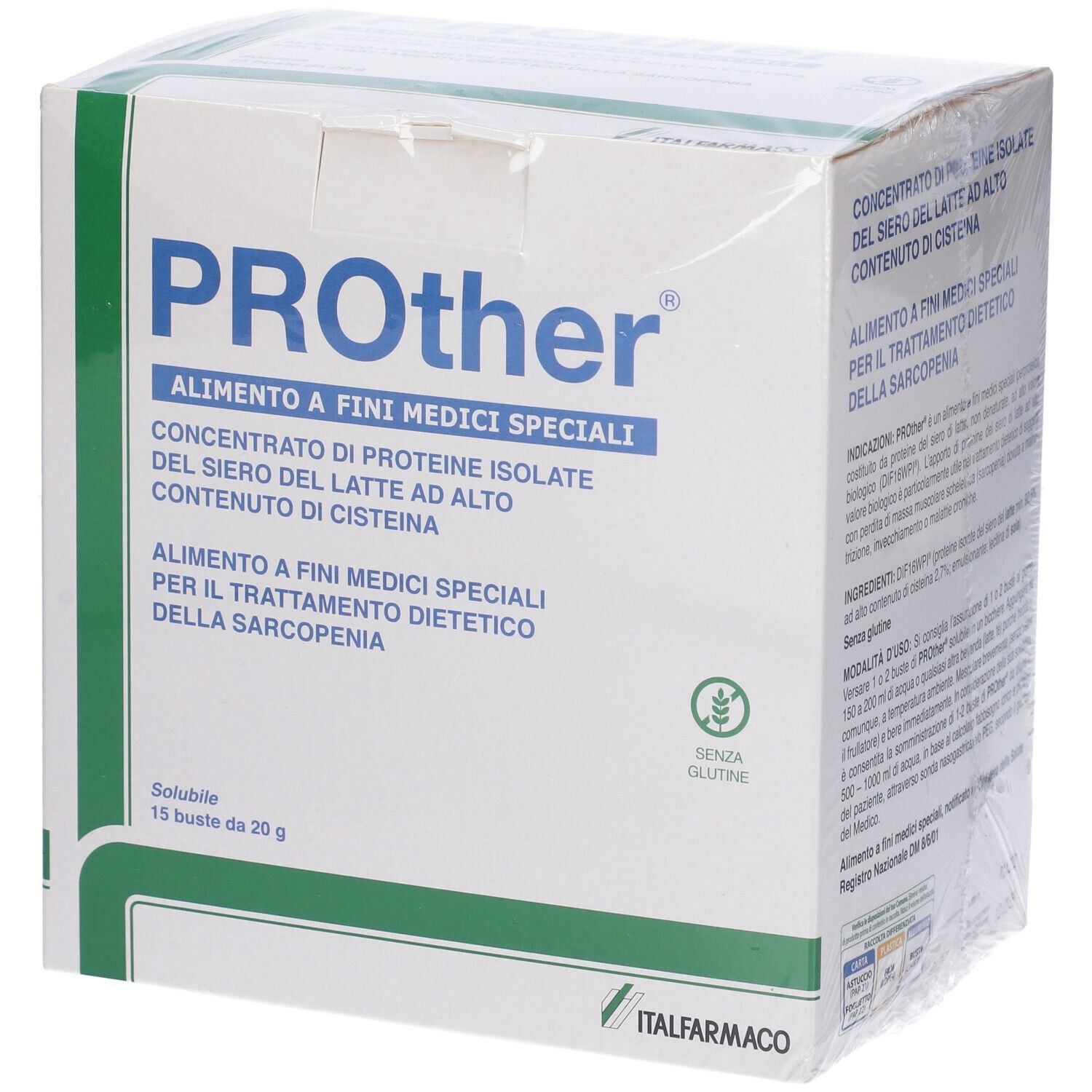 Confezione Prother. Scatola bianca con testo blu e verde. Contiene 15 bustine. Senza glutine.
