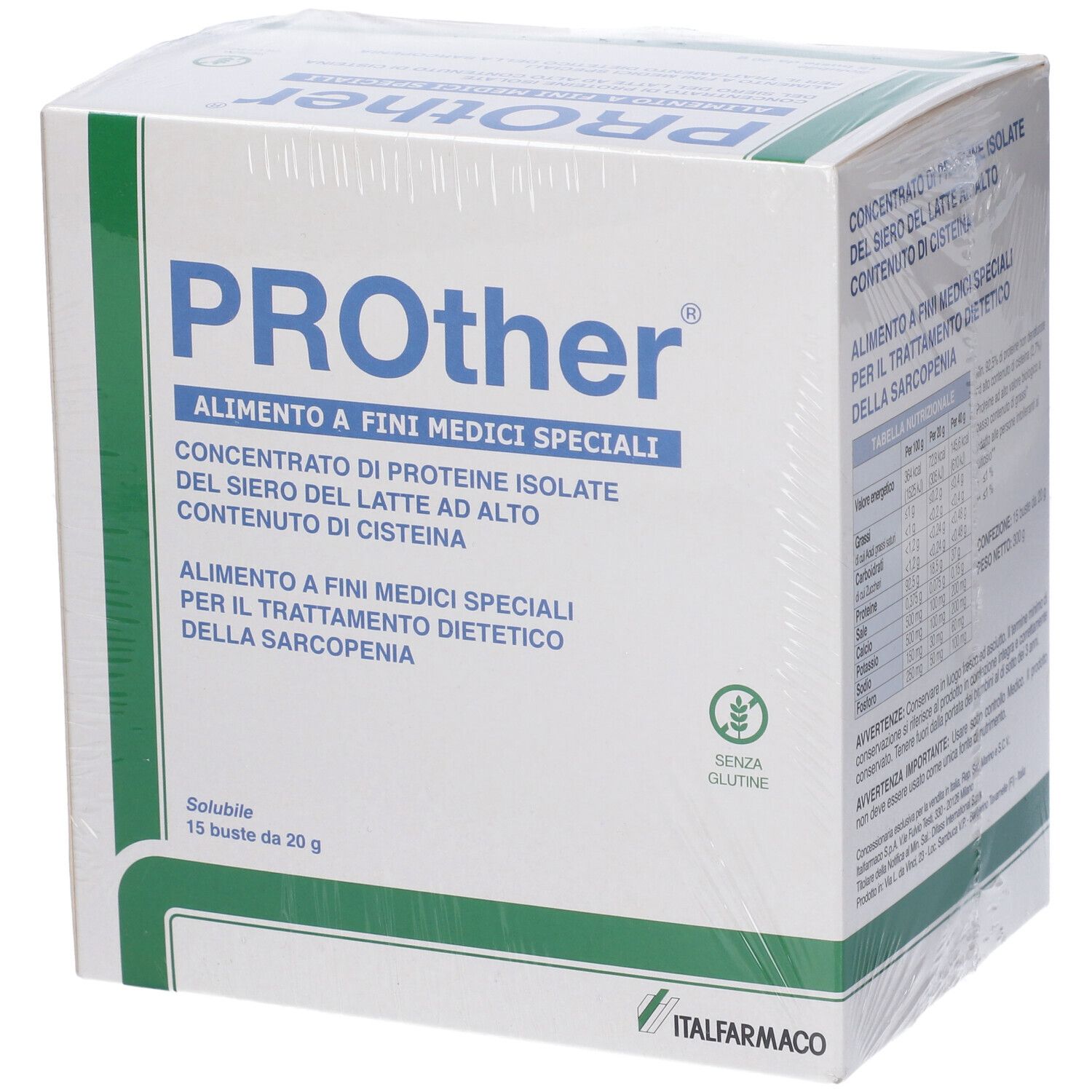 Confezione Prother. Scatola bianca con testo blu e verde. Contiene 15 bustine. Senza glutine.