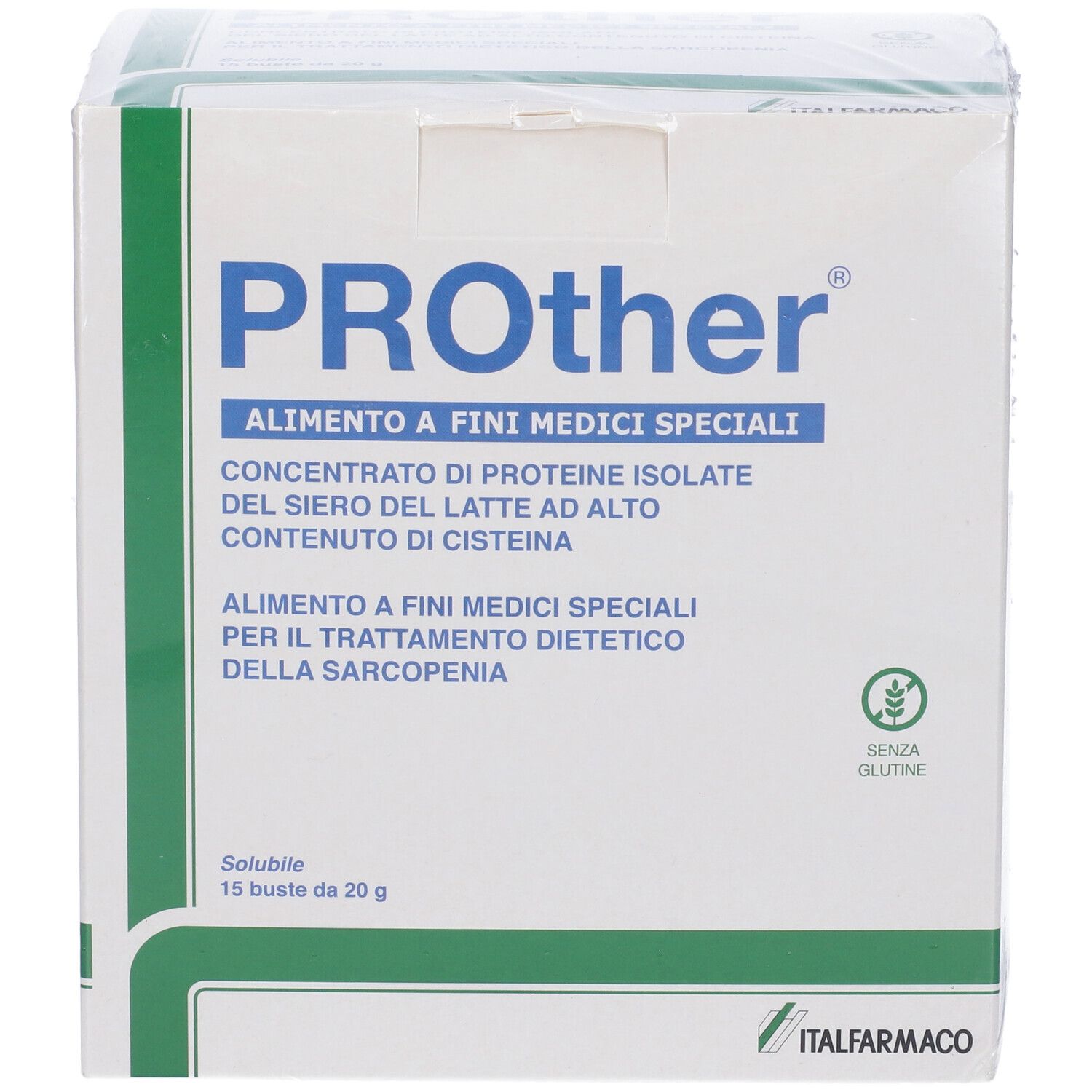 Confezione Prother. Scatola bianca con testo blu e verde. Contiene 15 bustine. Senza glutine.