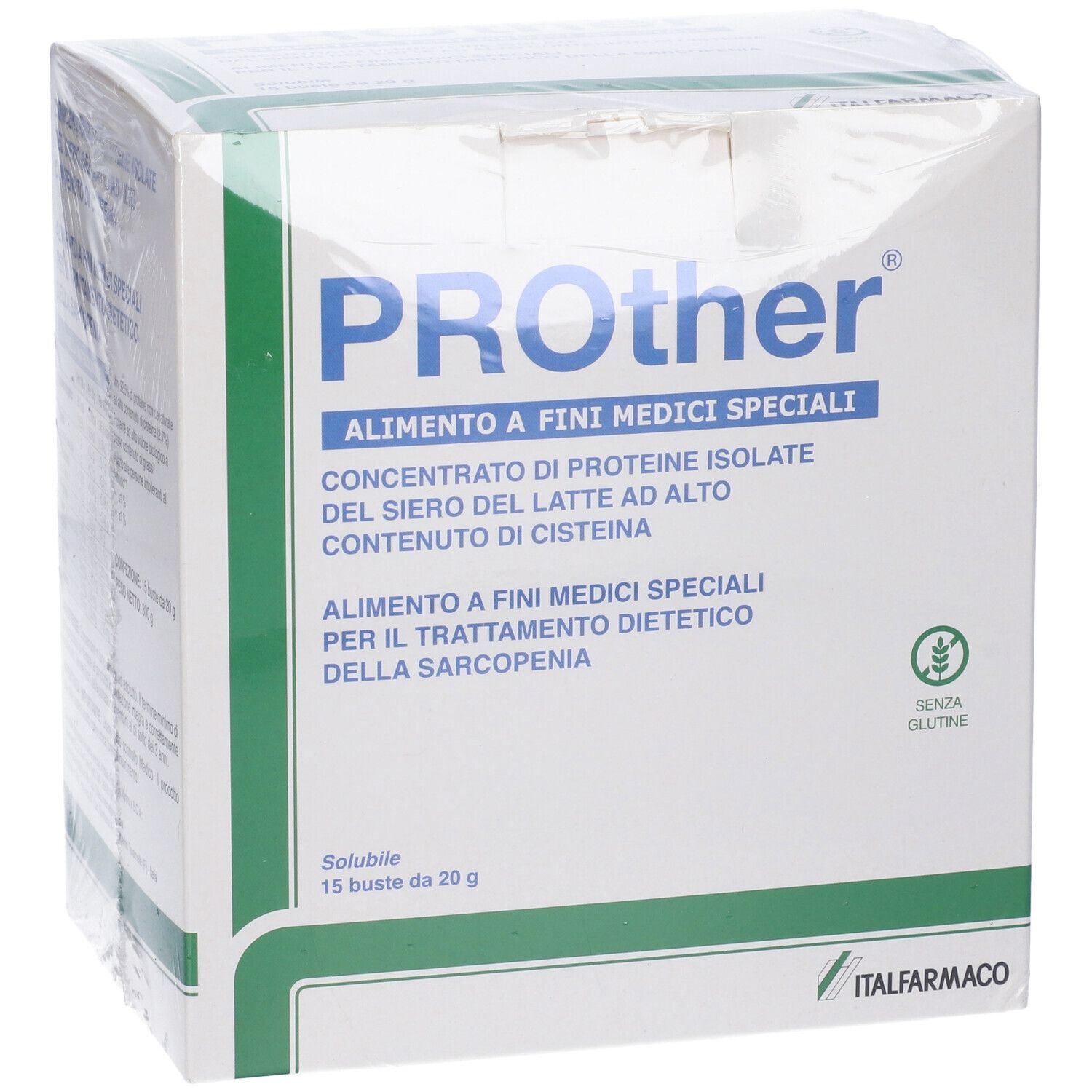 Confezione Prother. Scatola bianca con testo blu e verde. Contiene 15 bustine. Senza glutine.