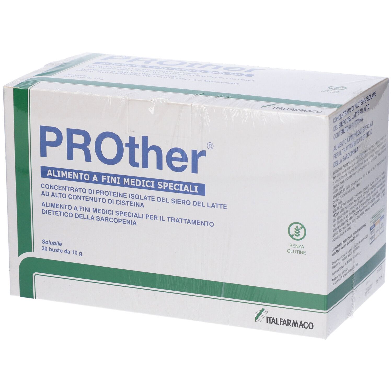 Confezione Prother. Scatola bianca con testo blu. Contiene 30 bustine. Simbolo senza glutine.