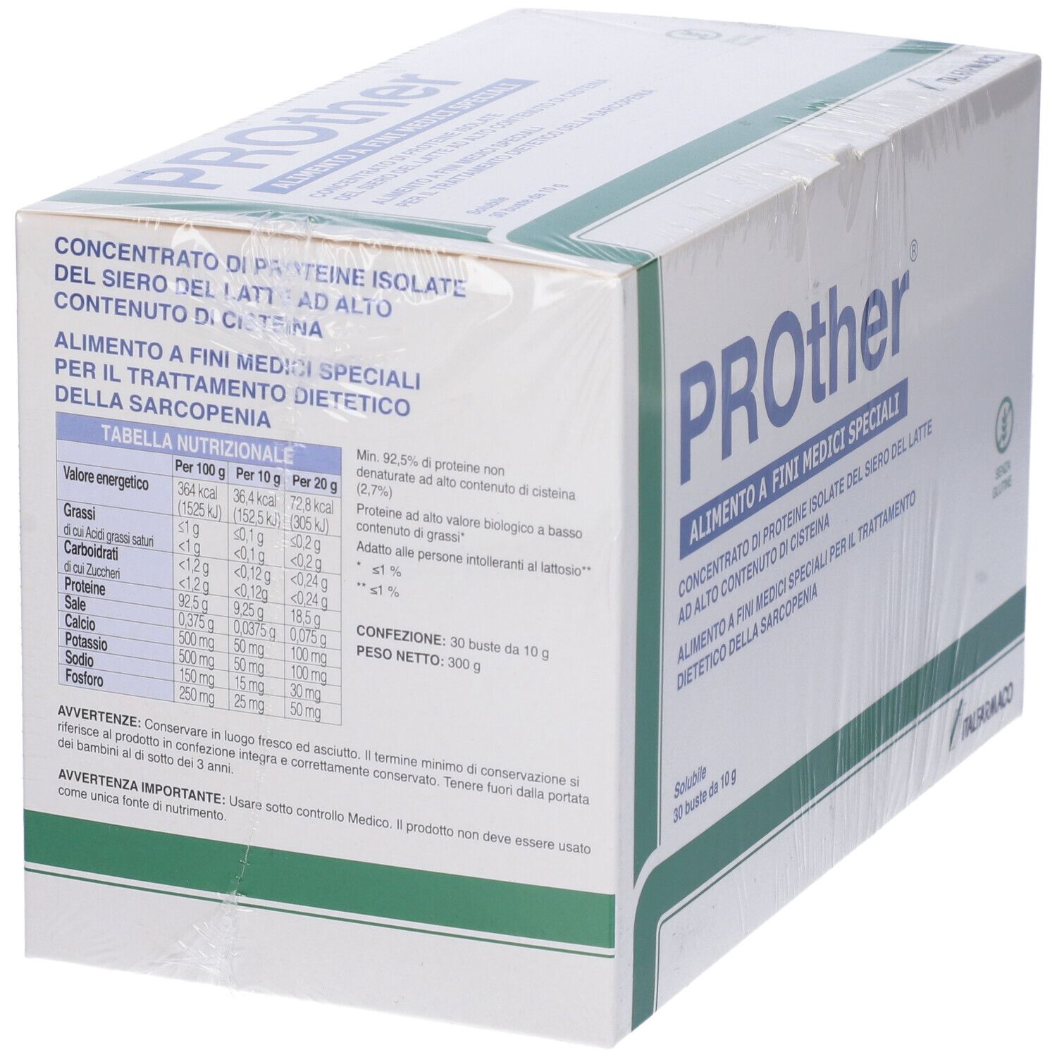 Confezione Prother. Scatola bianca con testo blu e tabella nutrizionale. 30 bustine.