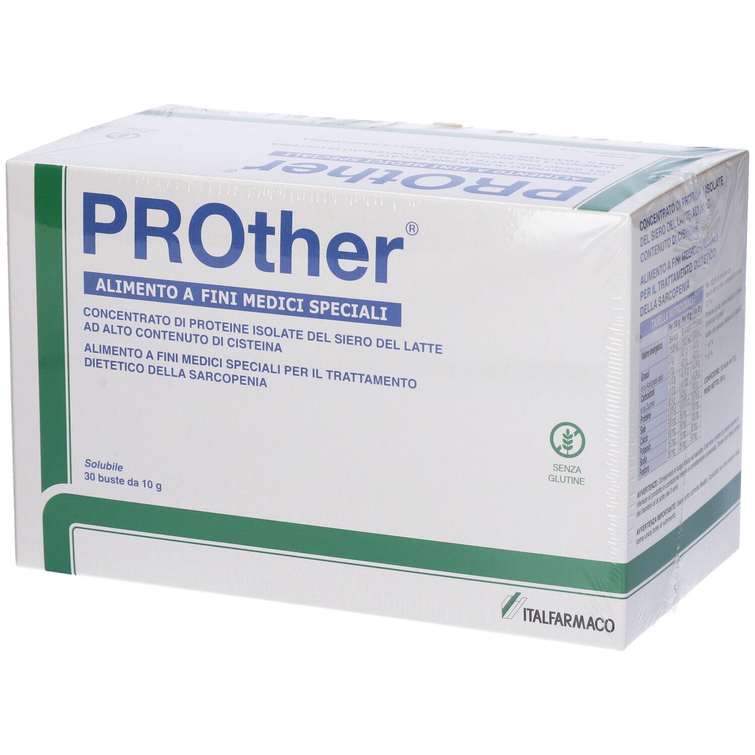 Confezione Prother. Scatola bianca con testo blu e tabella nutrizionale. 30 bustine.