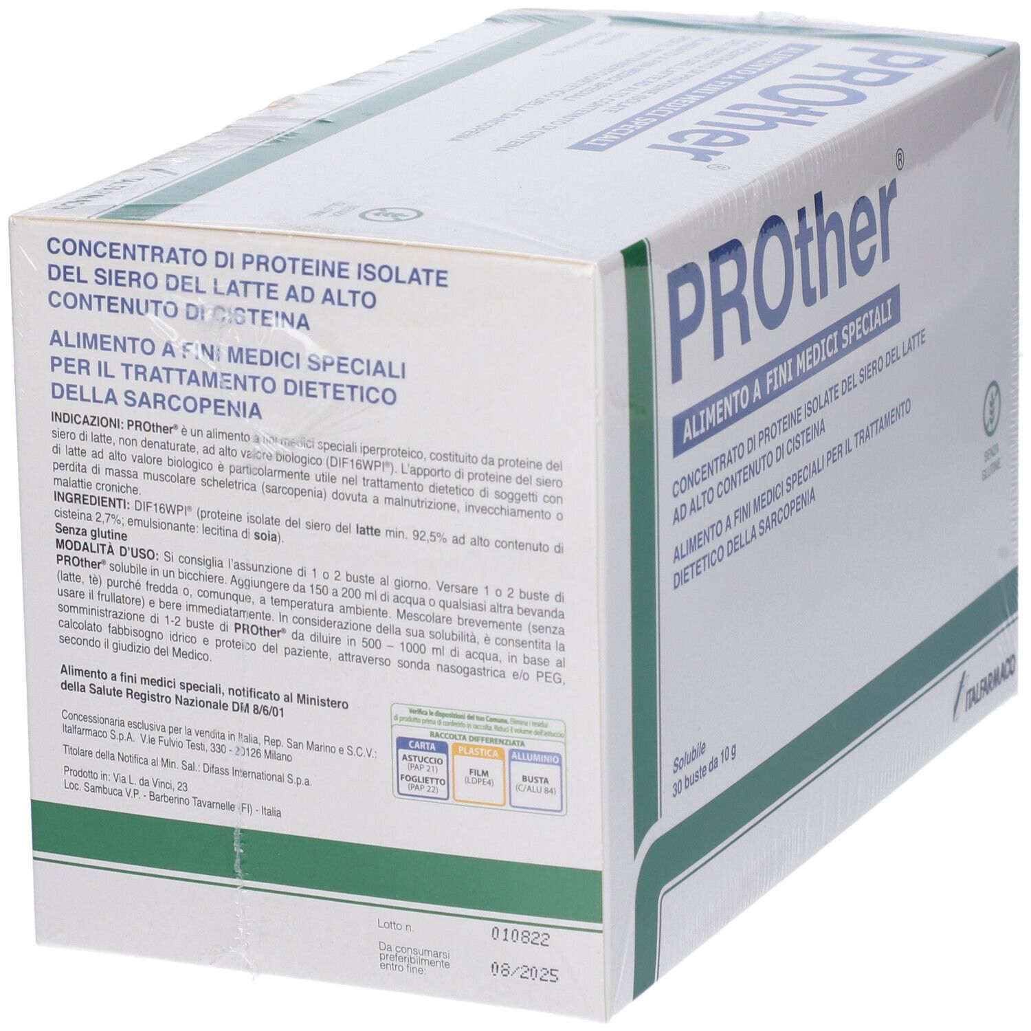 Confezione Prother. Scatola bianca con testo blu e informazioni sul prodotto. 30 bustine.