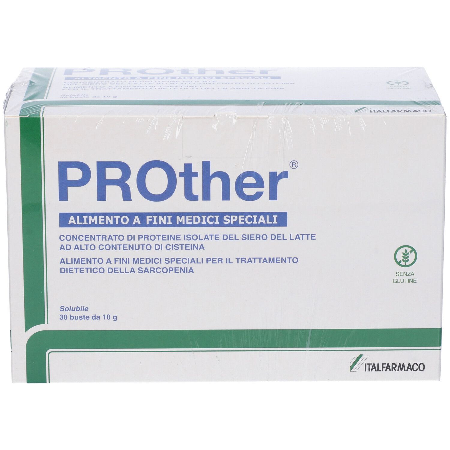 Confezione Prother. Scatola bianca con testo blu. Contiene 30 bustine. Simbolo senza glutine.