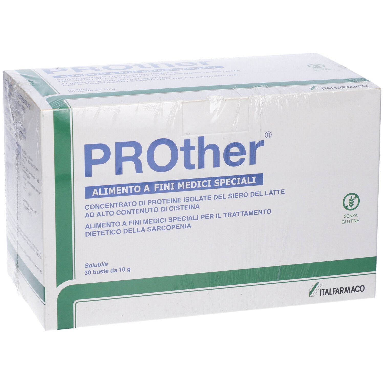 Confezione Prother. Scatola bianca con testo blu. Contiene 30 bustine. Simbolo senza glutine.
