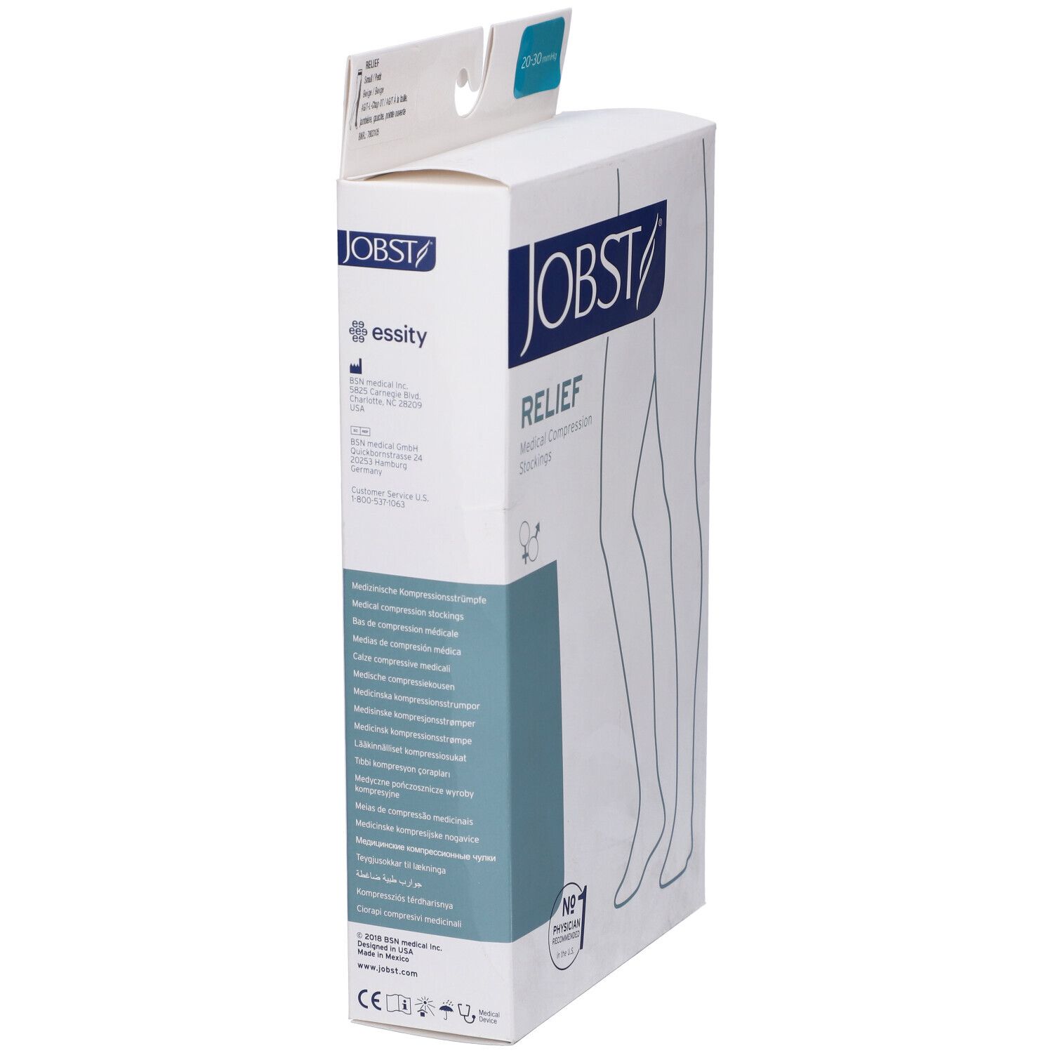 Confezione calza compressiva JOBST Relief. Dispositivo medico. Informazioni e certificazioni sul lato.