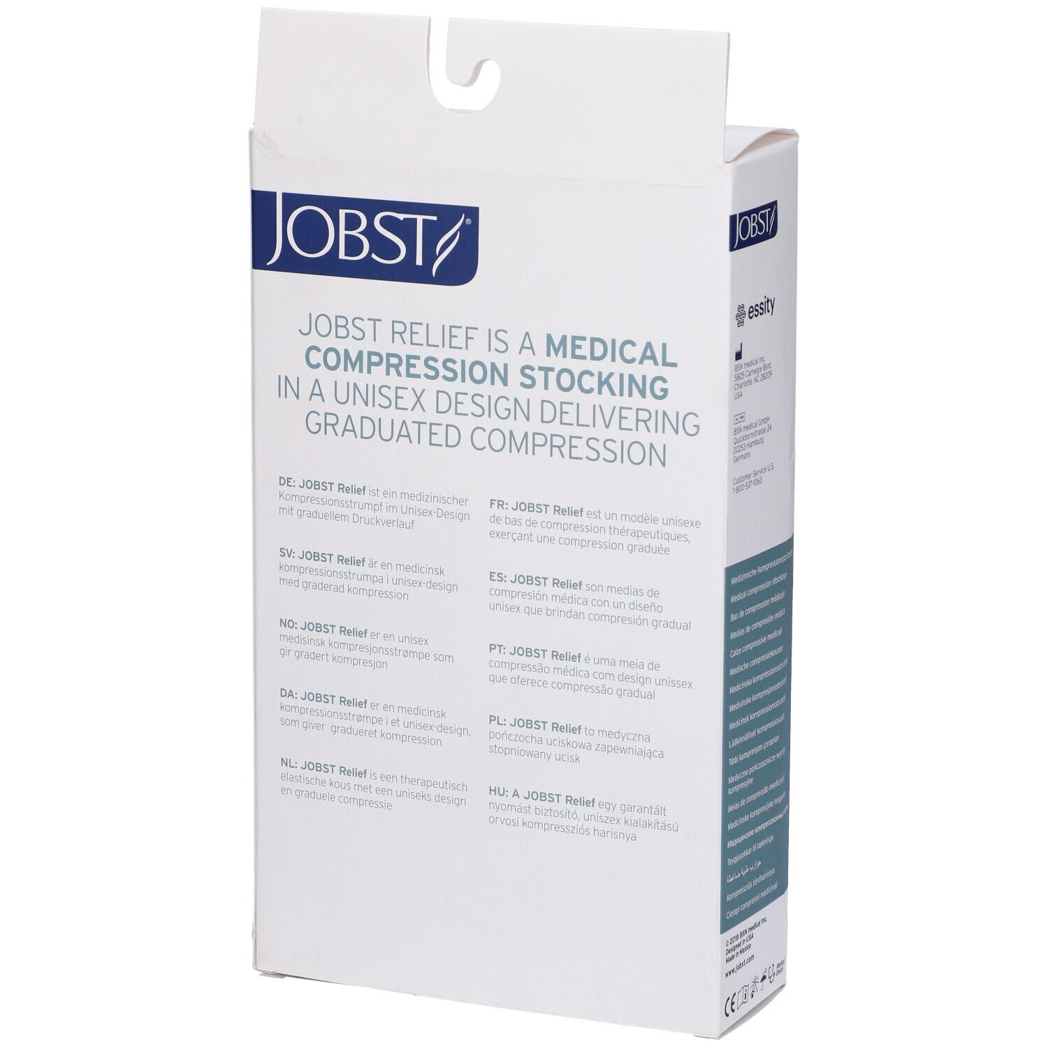 Confezione calza compressiva JOBST Relief. Dispositivo medico. Testo: Calza compressiva medica unisex.
