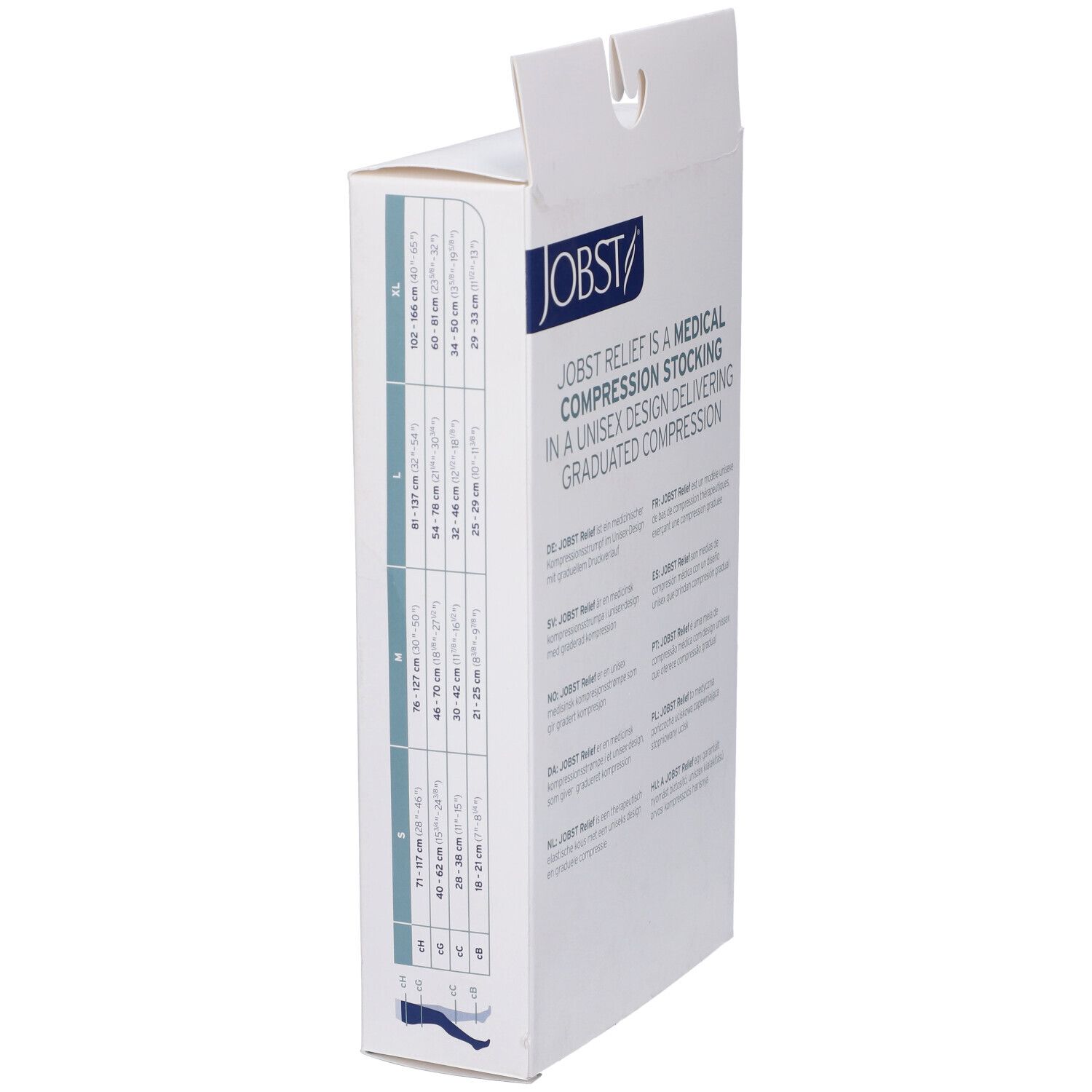 Confezione calza compressiva JOBST Relief. Dispositivo medico. Tabella taglie sul lato.