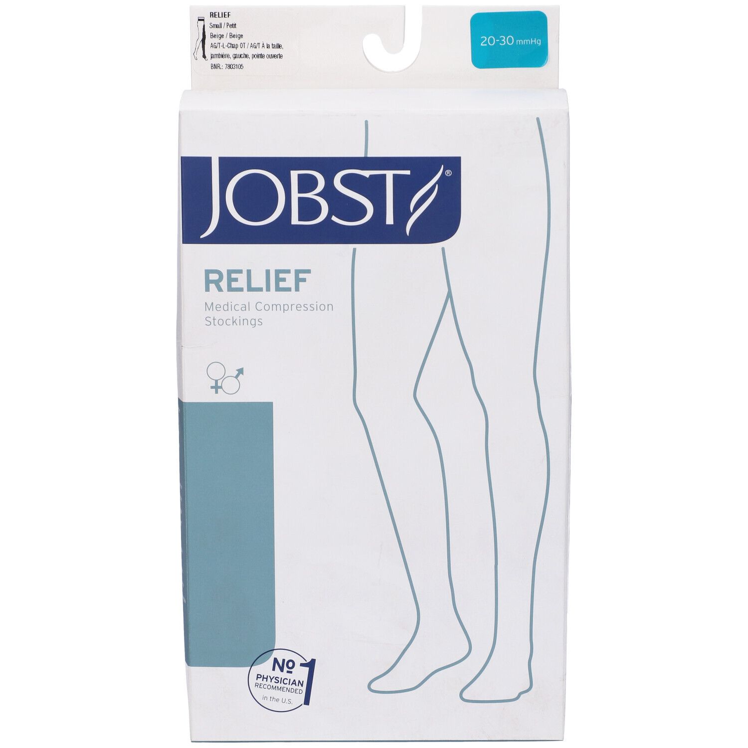 Confezione calza compressiva JOBST Relief. Dispositivo medico. Compressione 20-30 mmHg. Scritta: Nessun medico necessario.