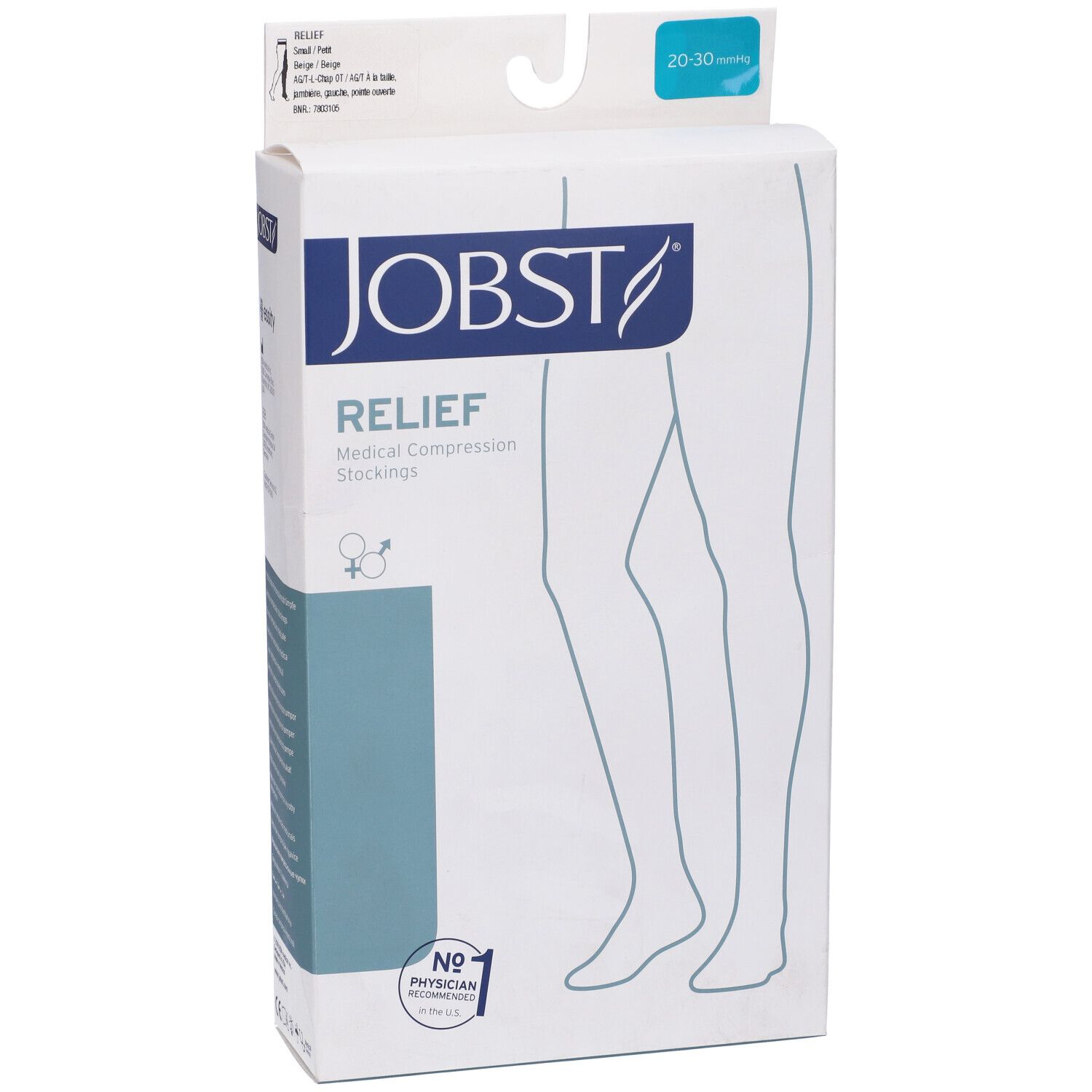 Confezione calza compressiva JOBST Relief. Dispositivo medico. Compressione 20-30 mmHg. Scritta: Nessun medico necessario.