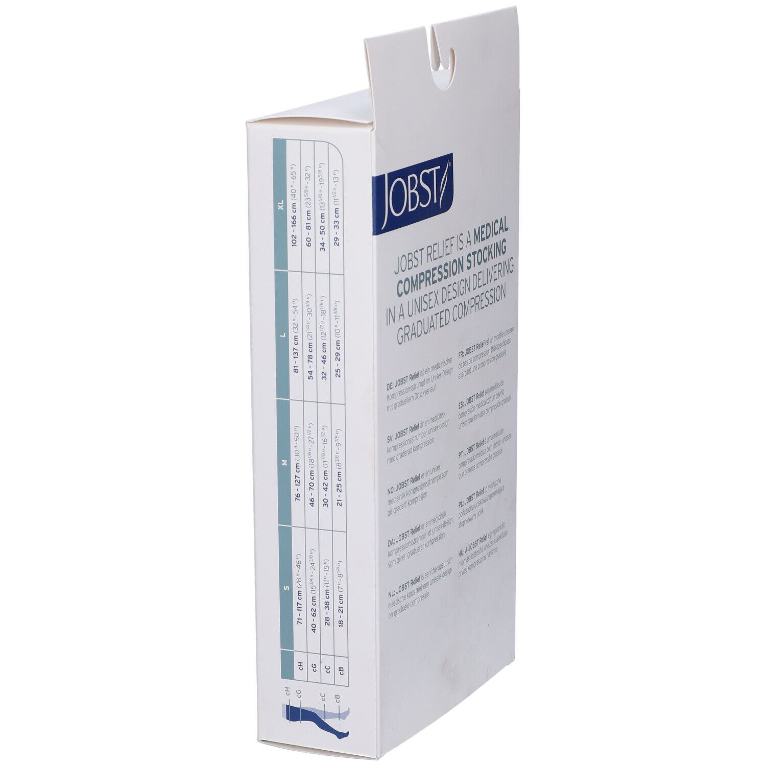 Lato della confezione JOBST Relief con tabella taglie. Dispositivo medico. Logo JOBST.