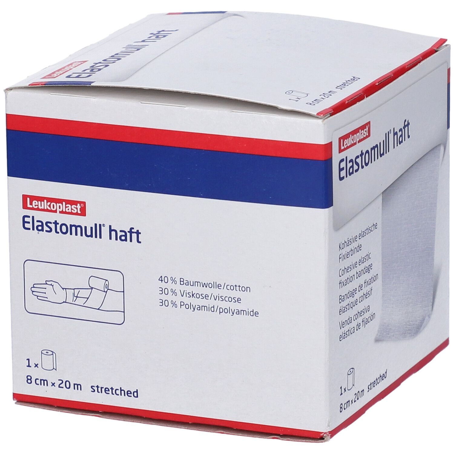 Confezione con benda bianca. Scritta: Leukoplast, Elastomull haft. Materiali: 40% cotone, 30% viscosa, 30% poliammide. 8 cm x 20 m.