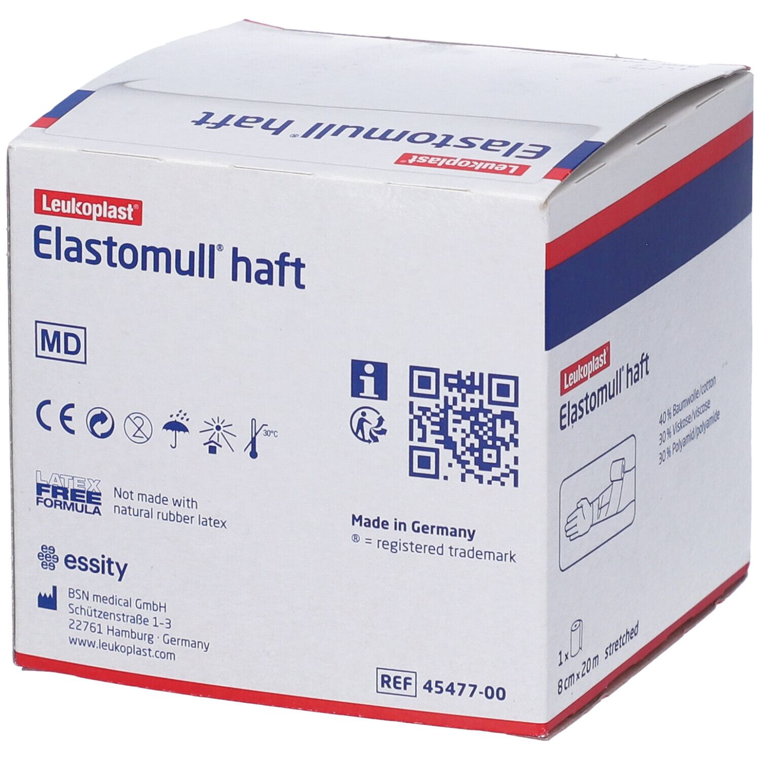 Confezione con benda bianca. Scritta: Leukoplast, Elastomull haft. Marchio CE. Senza lattice. Prodotto in Germania.