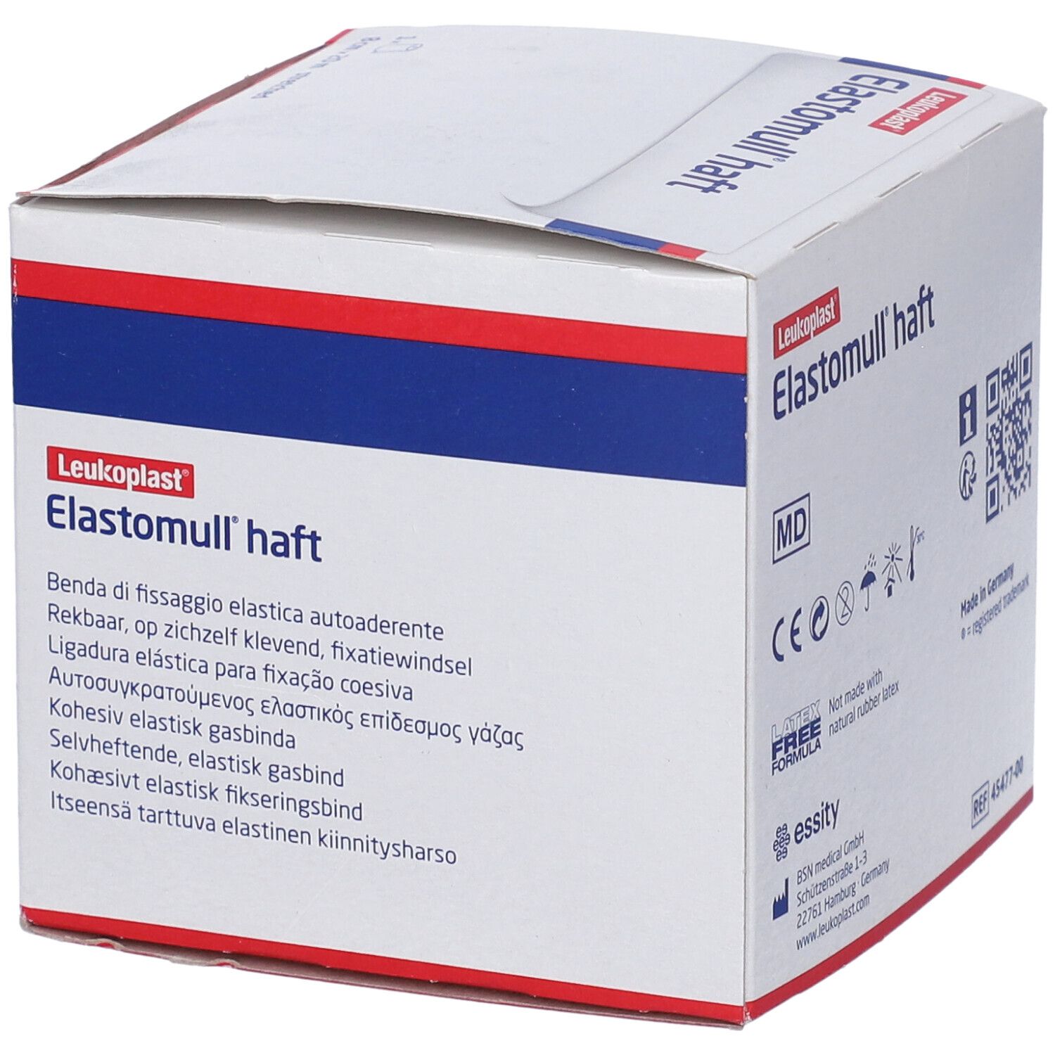 Confezione con benda bianca. Scritta: Leukoplast, Elastomull haft. Informazioni multilingue. 8 cm x 20 m.