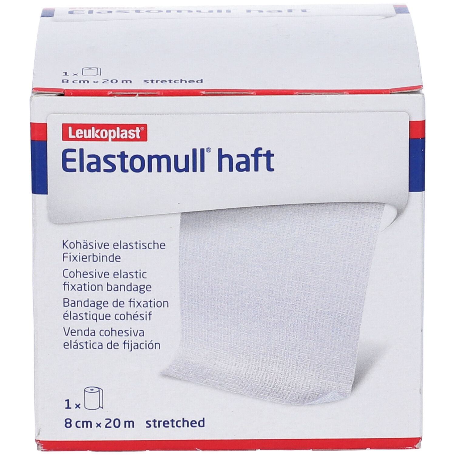 Benda bianca in confezione bianca. Scritta: Leukoplast, Elastomull haft. 8 cm x 20 m.