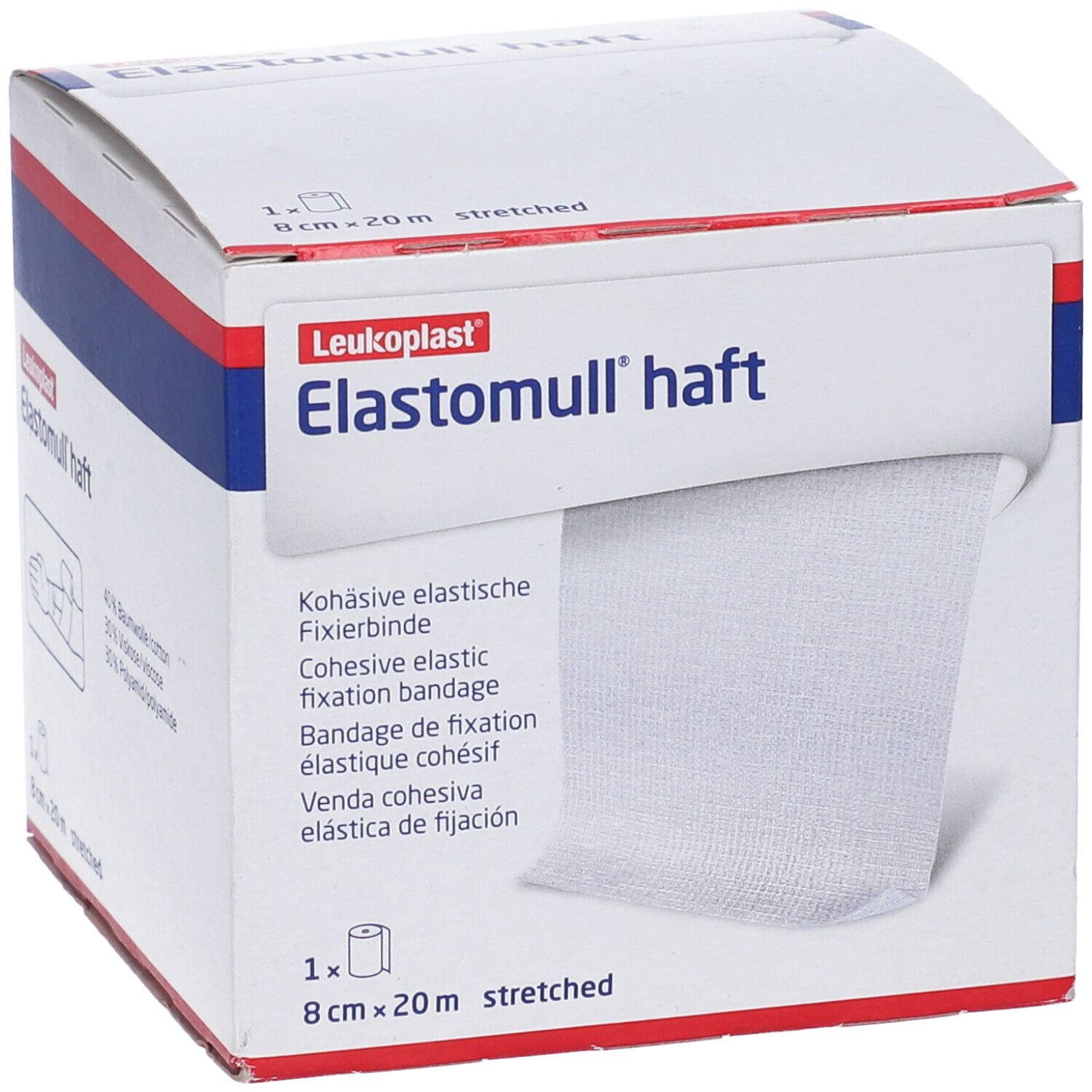 Benda bianca in confezione bianca. Scritta: Leukoplast, Elastomull haft. 8 cm x 20 m.