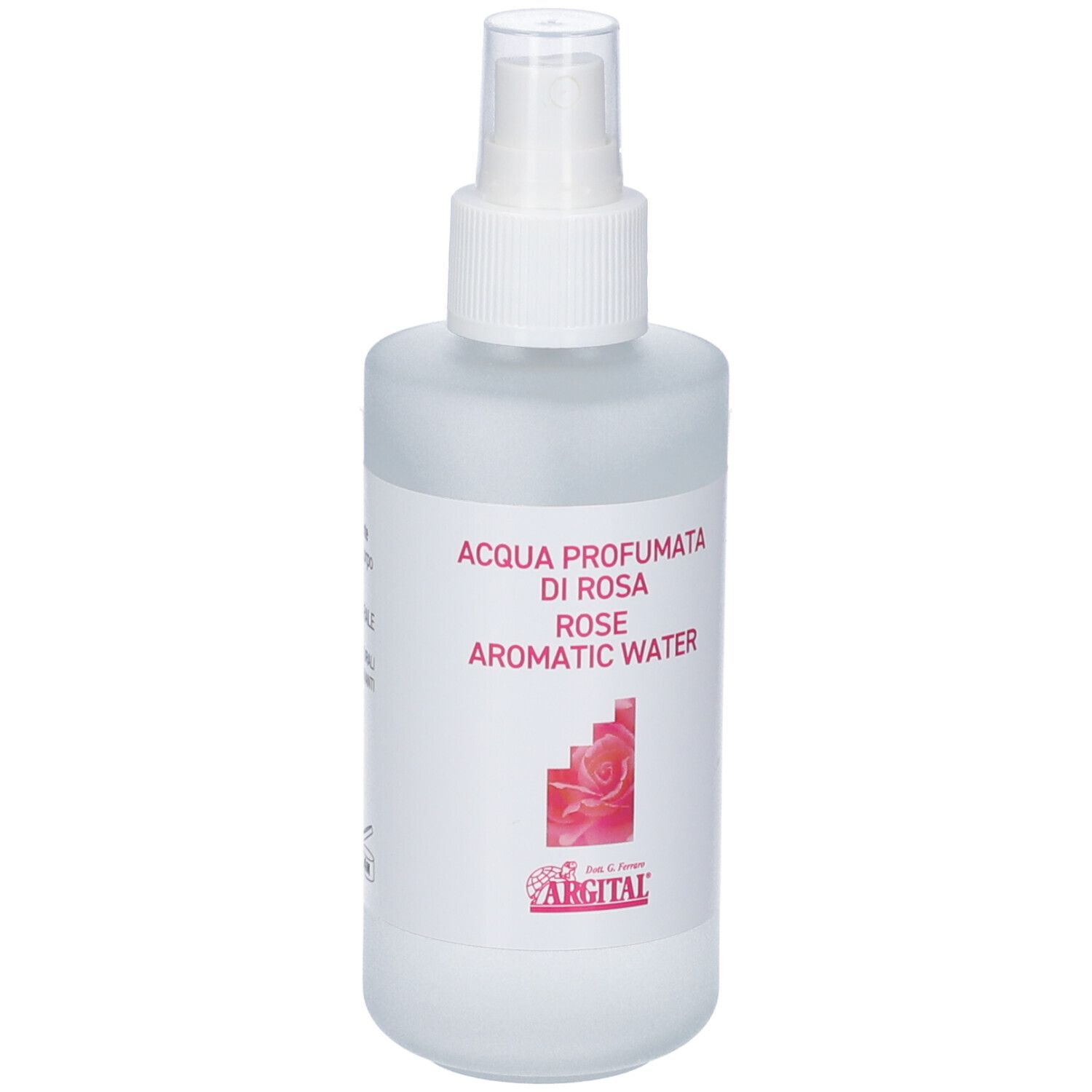 Flacone spray di acqua di rose profumata trasparente. Include etichetta con informazioni sul prodotto e simbolo del marchio.