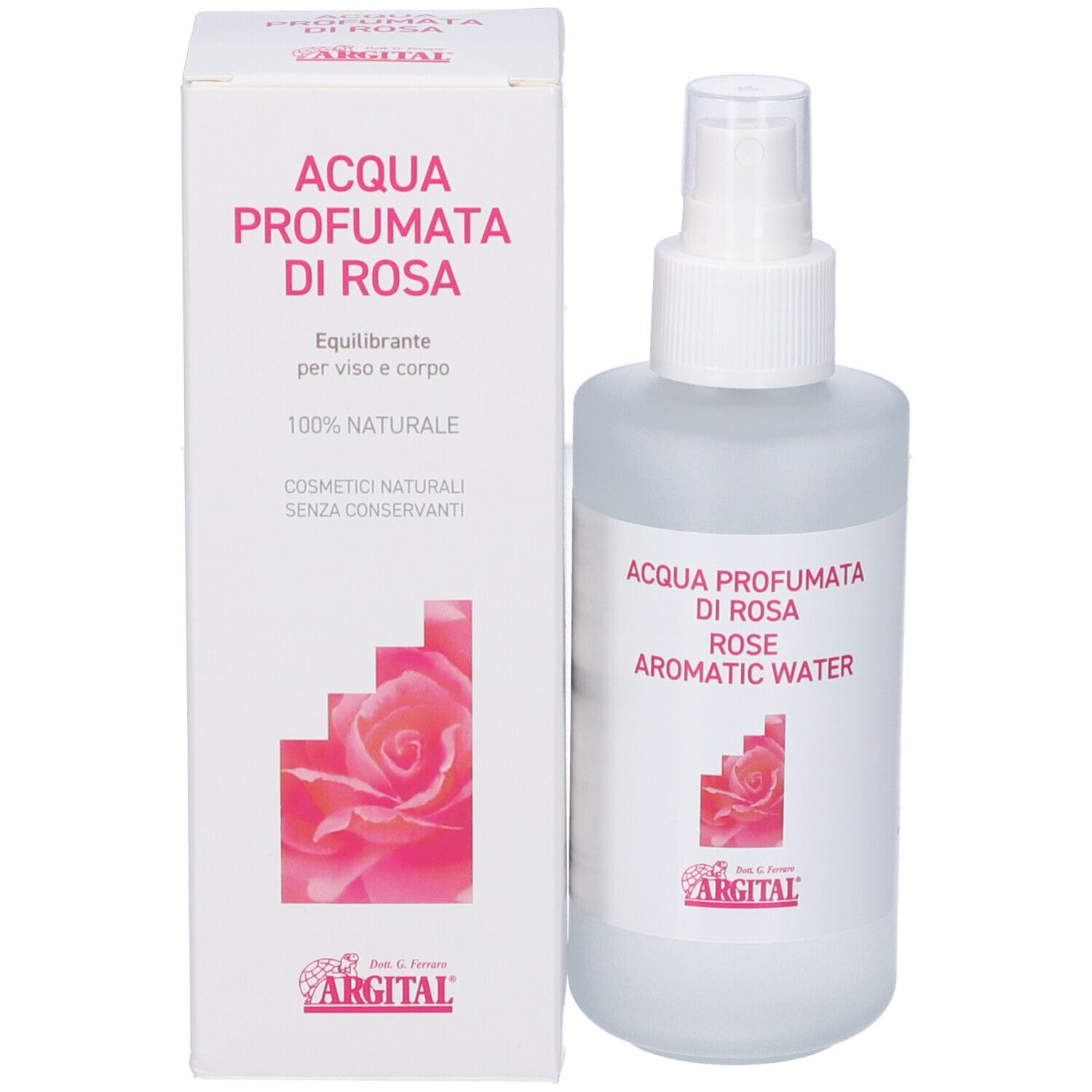 Flacone spray e scatola Argital Acqua Profumata di Rosa con motivo floreale e testo.