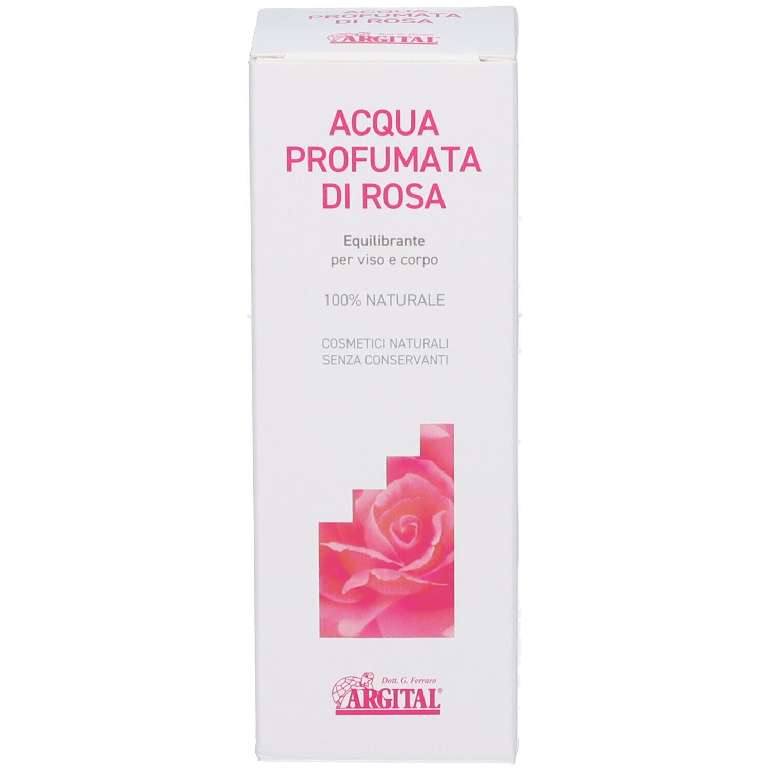 Flacone spray e scatola Argital Acqua Profumata di Rosa con motivo floreale e testo.