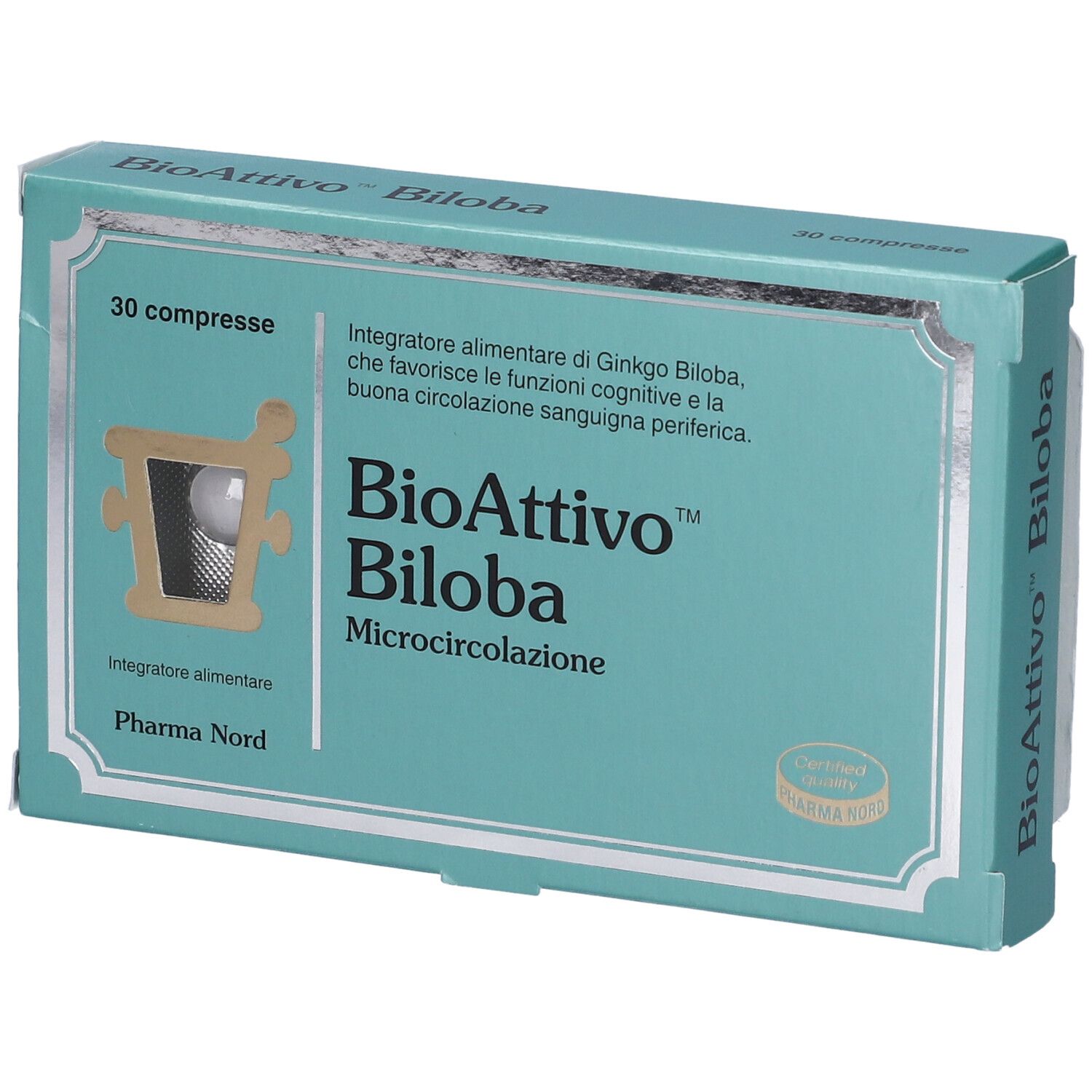Scatola di BioAttivo Biloba, 30 compresse. Confezione verde e bianca, compresse in blister.