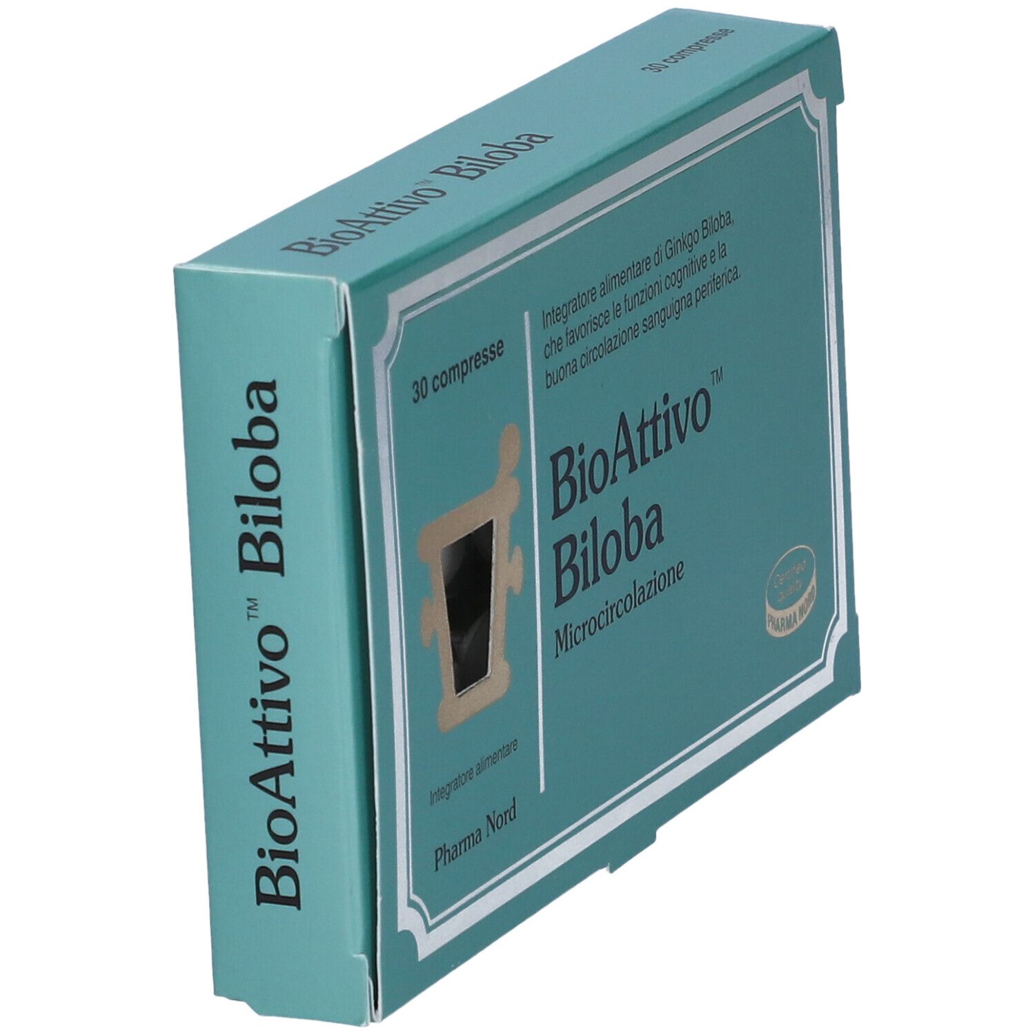 Scatola di BioAttivo Biloba, 30 compresse. Confezione verde e bianca, in prospettiva.